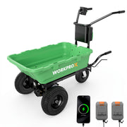 Green and black electric wheel cart with large off-road tires, a handle, battery pack, and two small charging devices shown on a clean white background. The cart has WORKPROX branding on the side.