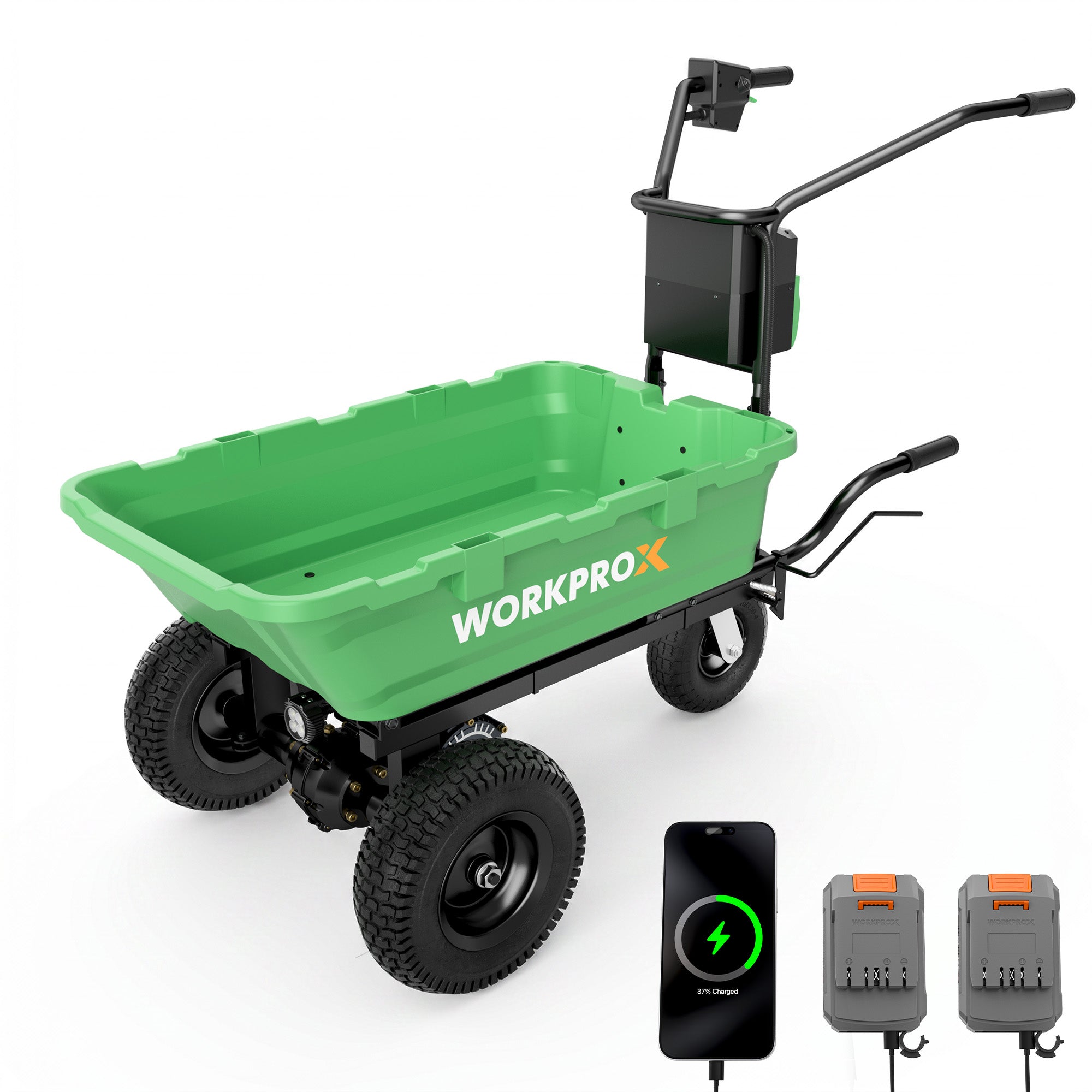 Green and black electric wheel cart with large off-road tires, a handle, battery pack, and two small charging devices shown on a clean white background. The cart has WORKPROX branding on the side.