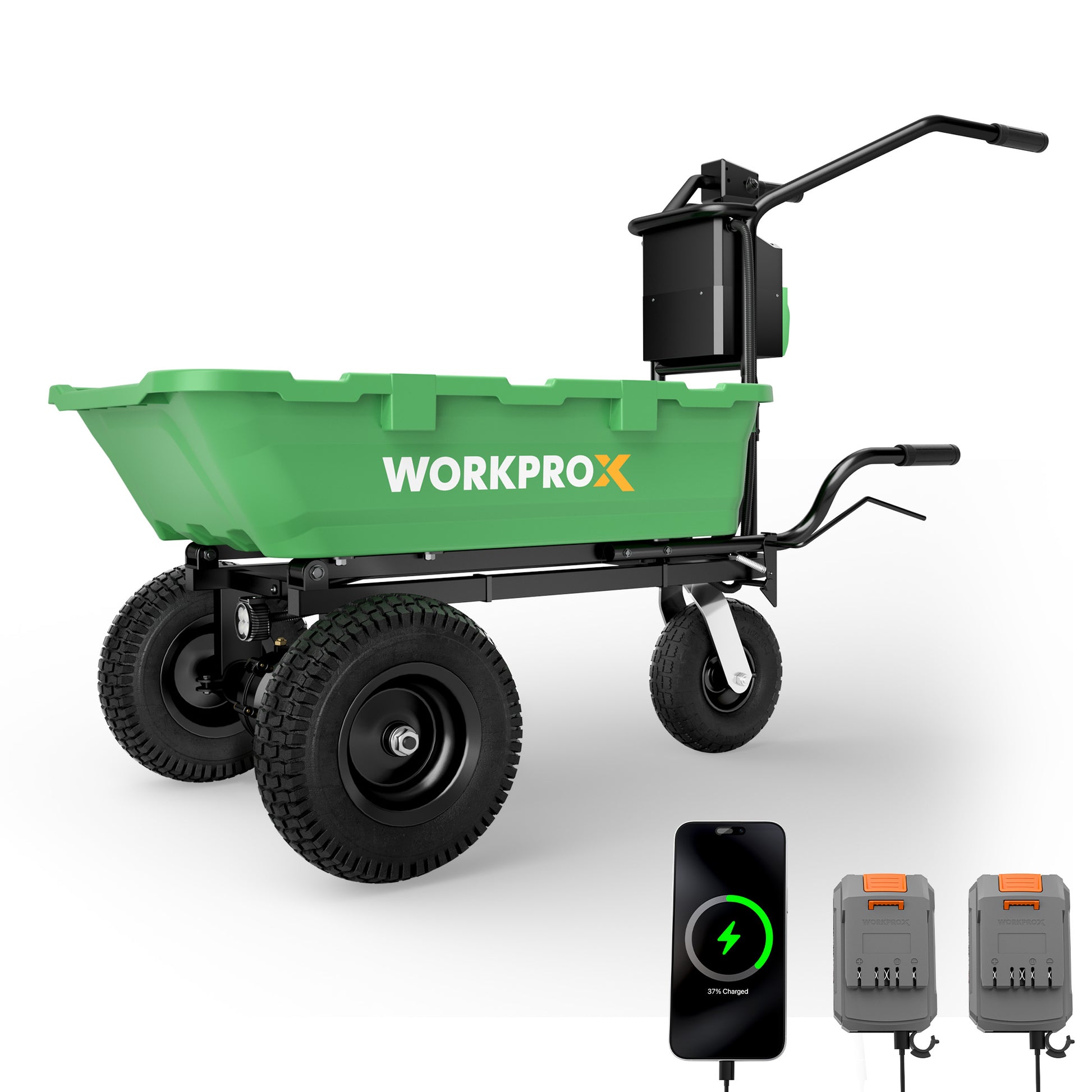 WORKPROX 40V brushless electric wheelbarrow innovation in green with durable steel frame and LED display