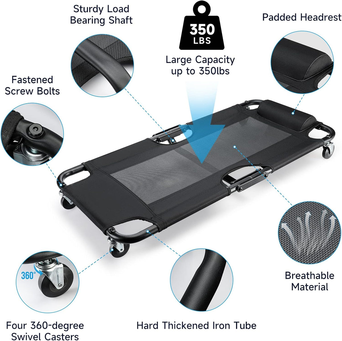 WORKPRO 40-Inch Foldable Automotive Creeper, Heavy Duty Rolling Garage Mechanic Creeper, Padded Headrest, 4 Swivel Wheels, 350 lbs Capacity Car Creeper for Repair & Maintenance