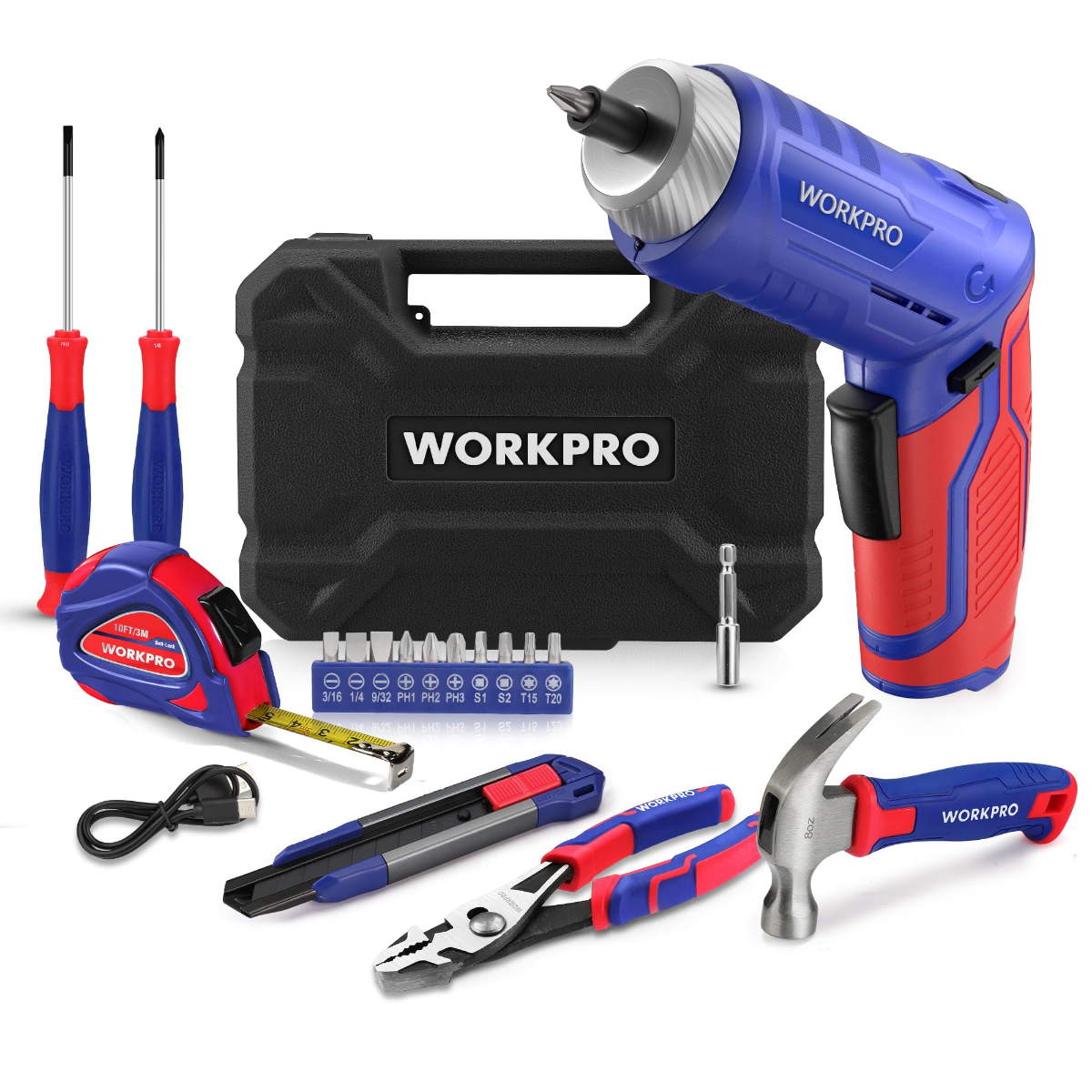 Blue cordless tool kit with drill, hammer, screwdriver bits, and storage case