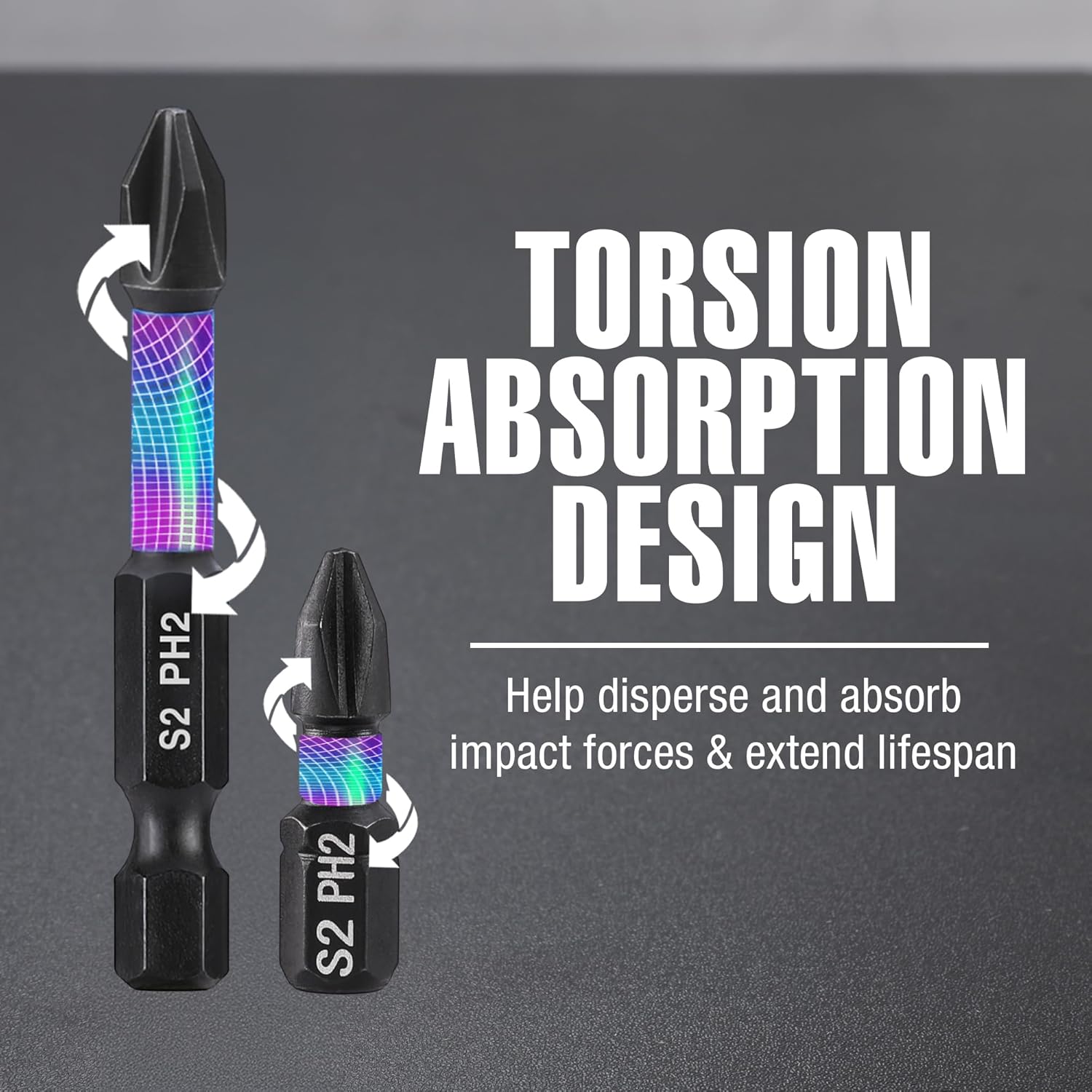 PH2 S2 impact screwdriver bit with torsion absorption design and blue collar, hex shank