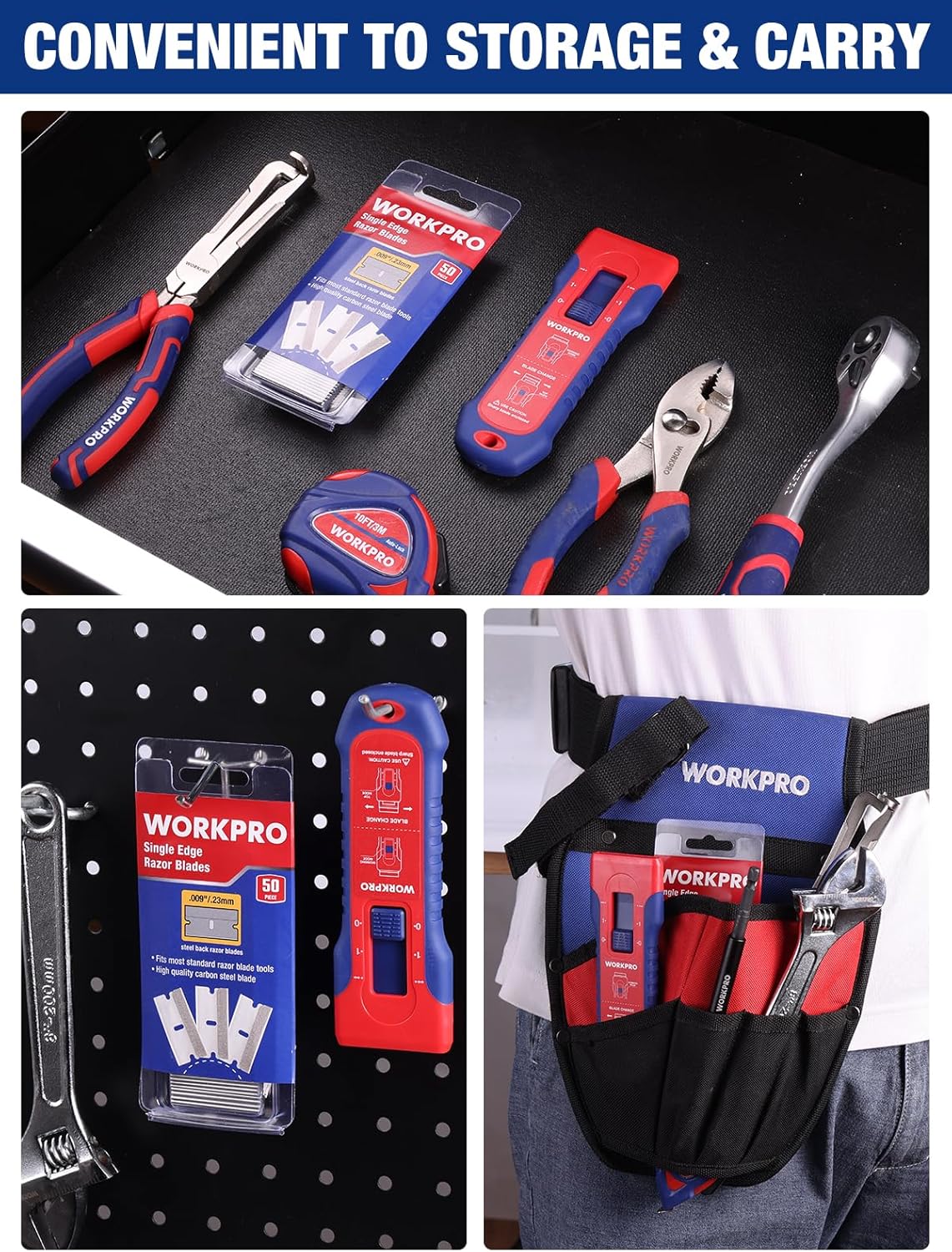 Retractable razor blade scraper with included blades and storage case, red and blue