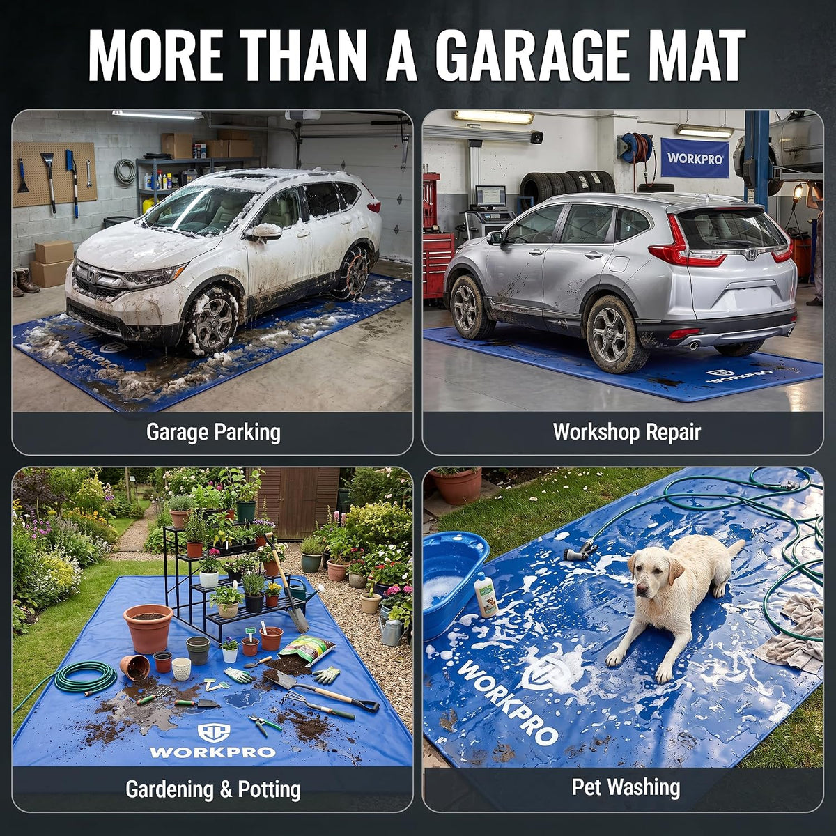 WORKPRO Garage Floor Mat for Under Car, 7.9 ft x 18 ft, Containment Mat | 1-Inch Raised Edge Catches Snow, Ice & Road Salt, 1000D 3-Layer PVC, 7.9 x 18 ft, 18.81 lb, Hook & Loop Tabs, Squeegee