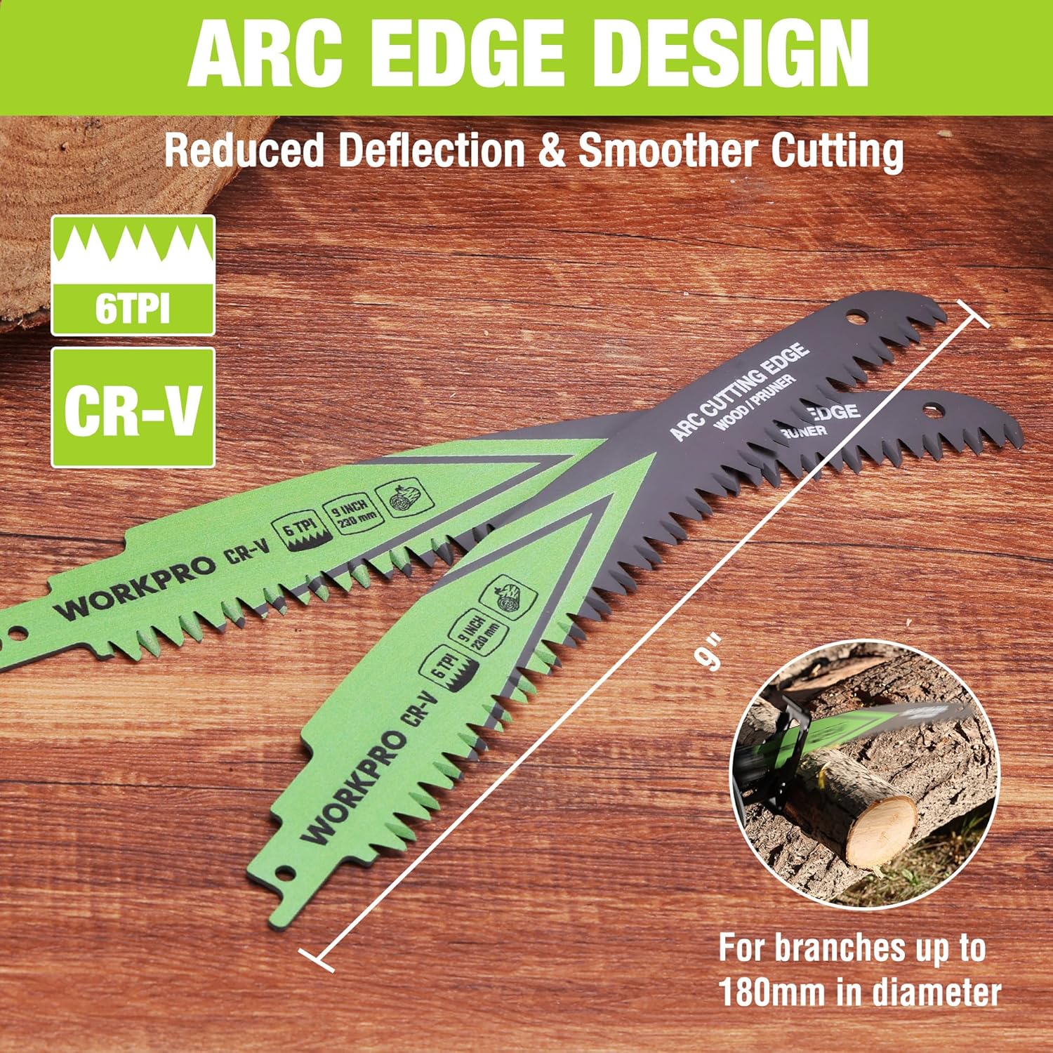 6TPI arc edge reciprocating pruning saw blade with green Japanese-teeth profile