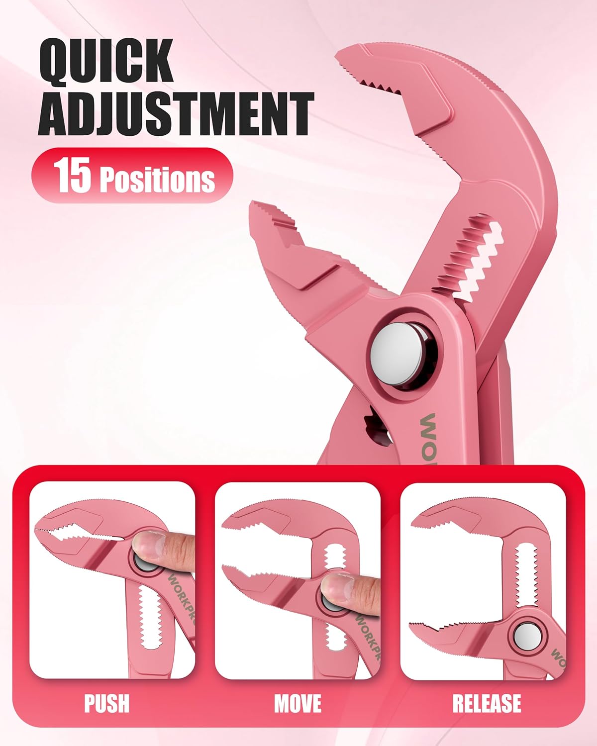 Pink mini water pump pliers with 15-position adjustment and latch action shown