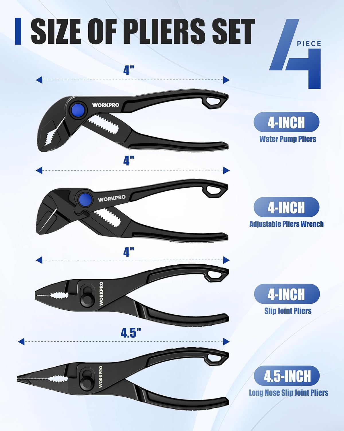 Black WORKPRO mini pliers set: 4-inch water pump, adjustable, slip joint, 4.5-inch long nose