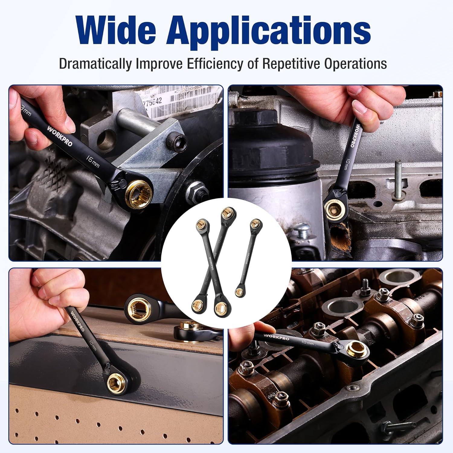 Three-wrench set being used with hands on engine hardware for maintenance.