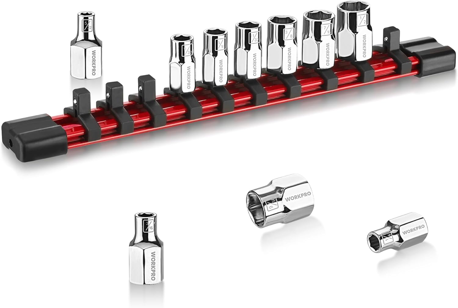 1/4 in drive socket set with red rail and 6-point chrome SAE sockets, organizer included
