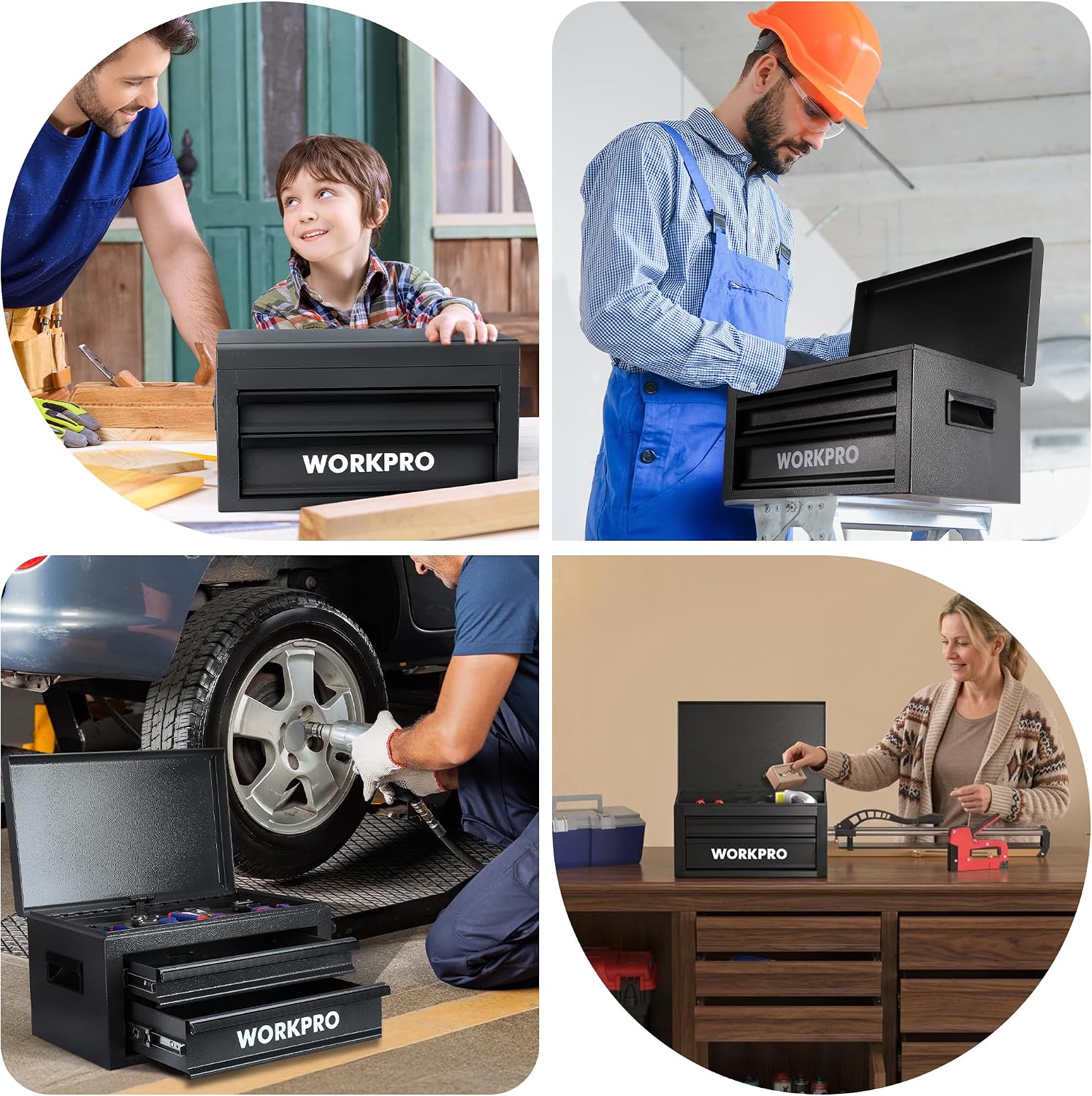 WORKPRO 15-Inch Metal Tool Box with 2 Drawers & Top Storage, Black