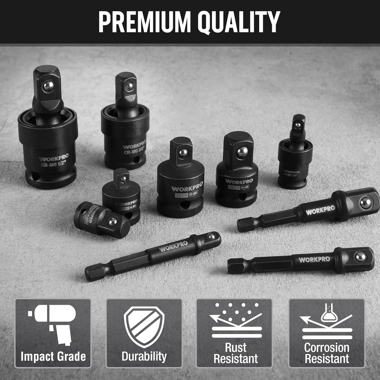 Black CR-MO impact socket adapter set with multiple drives and extensions
