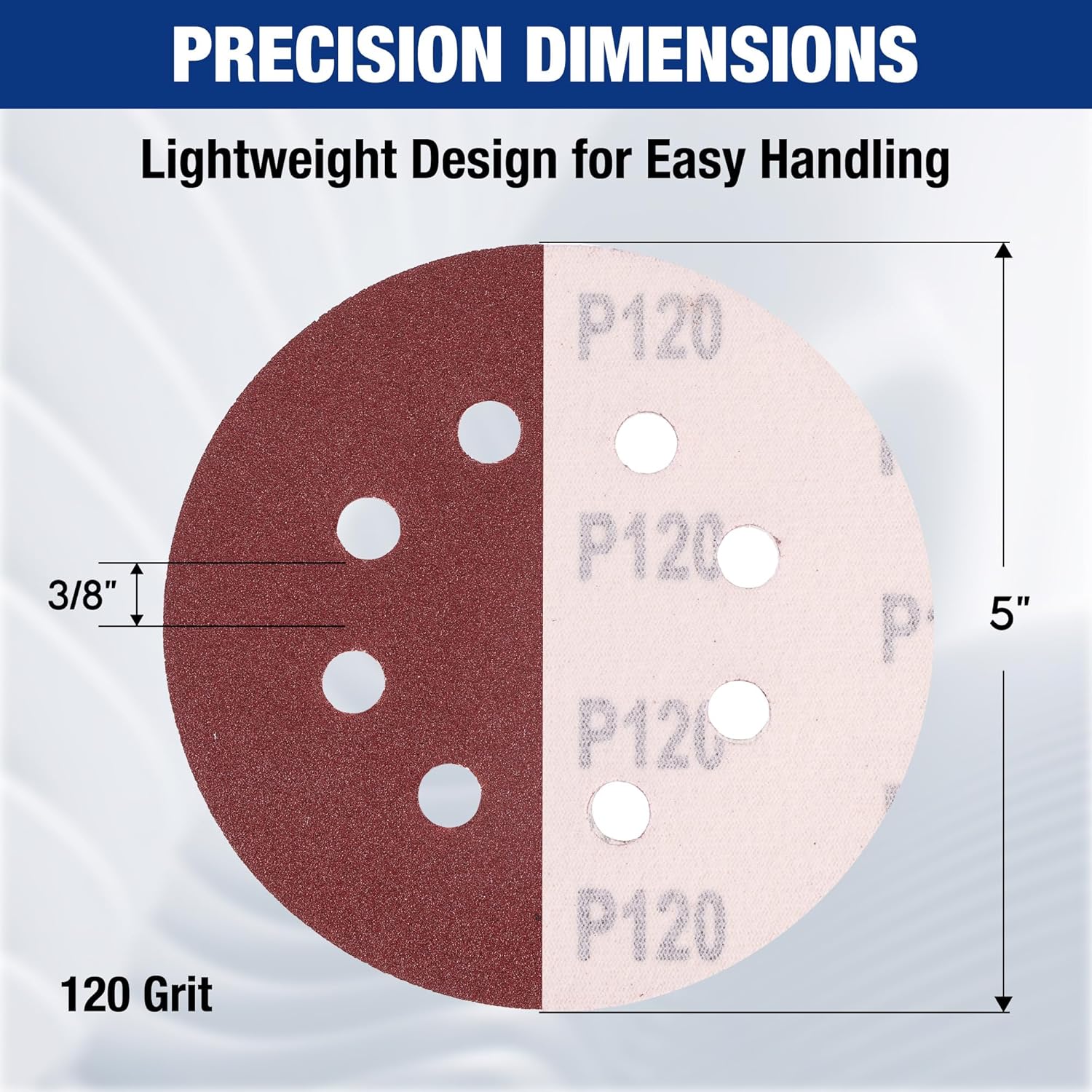 5-inch sanding discs, P120 grit marking, shows 8-hole dust extraction pattern on each.
