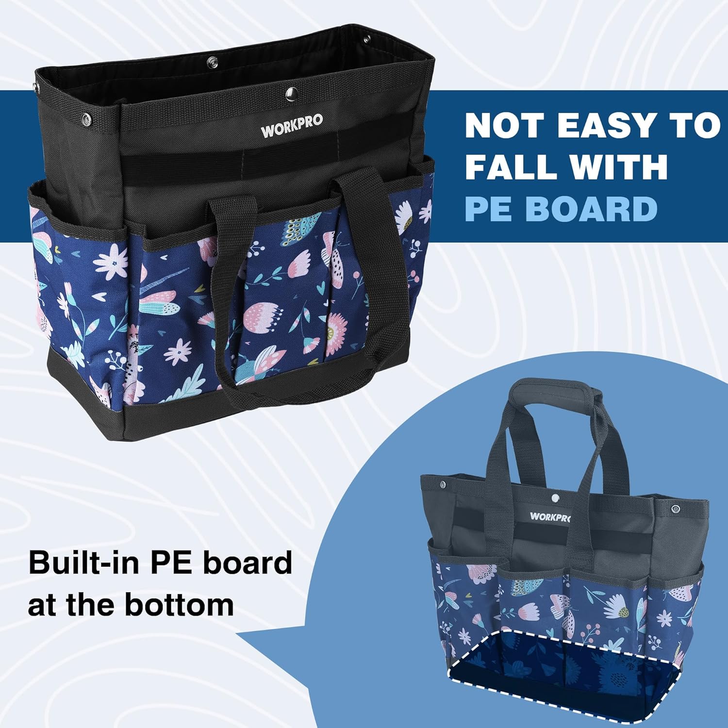 Blue WORKPRO gardening tote bag with reinforced bottom panel, side pockets, insect print.