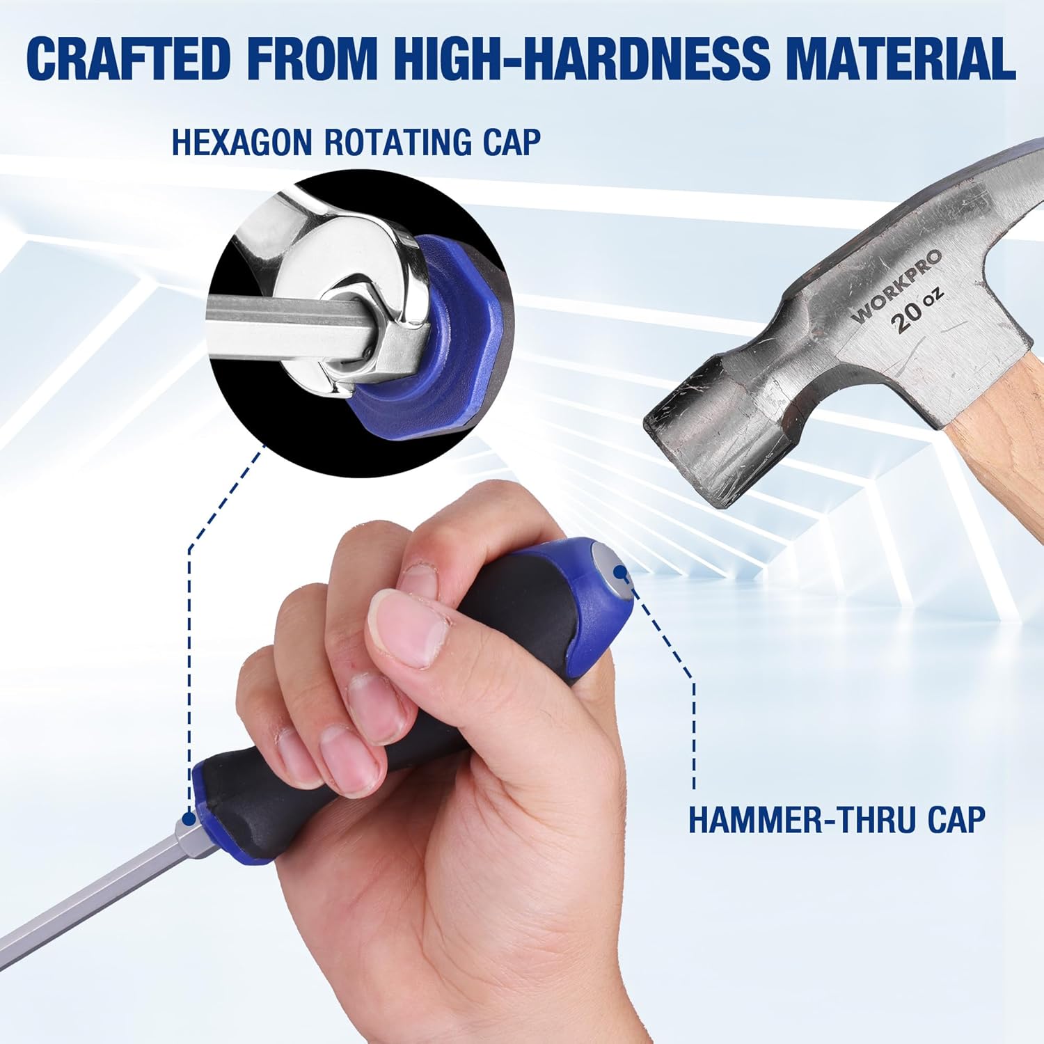 Magnetic screwdriver with blue ergonomic handle and metal shaft, held in a hand