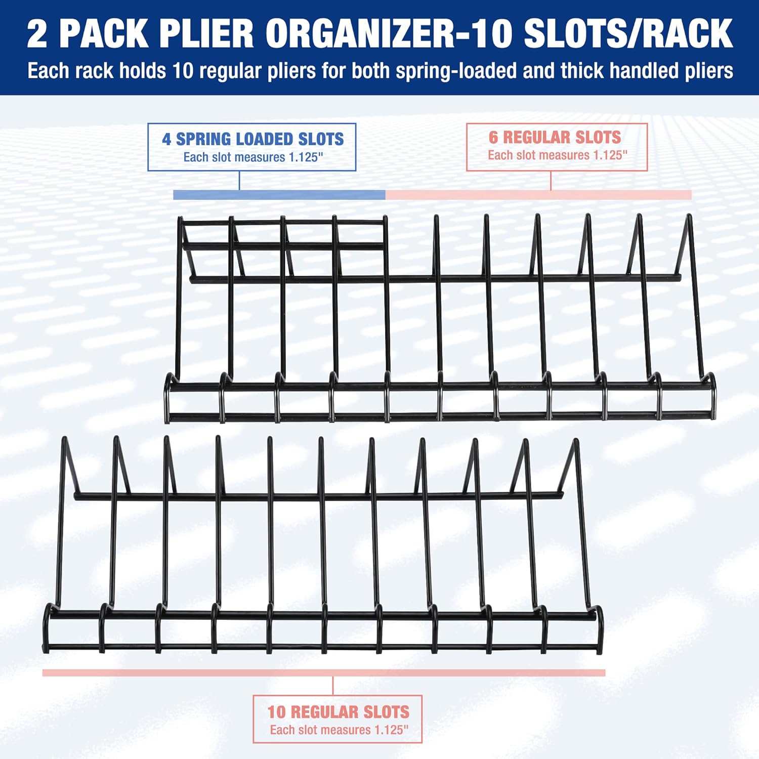 Two black plier organizer racks showing 10-slot rows for regular pliers