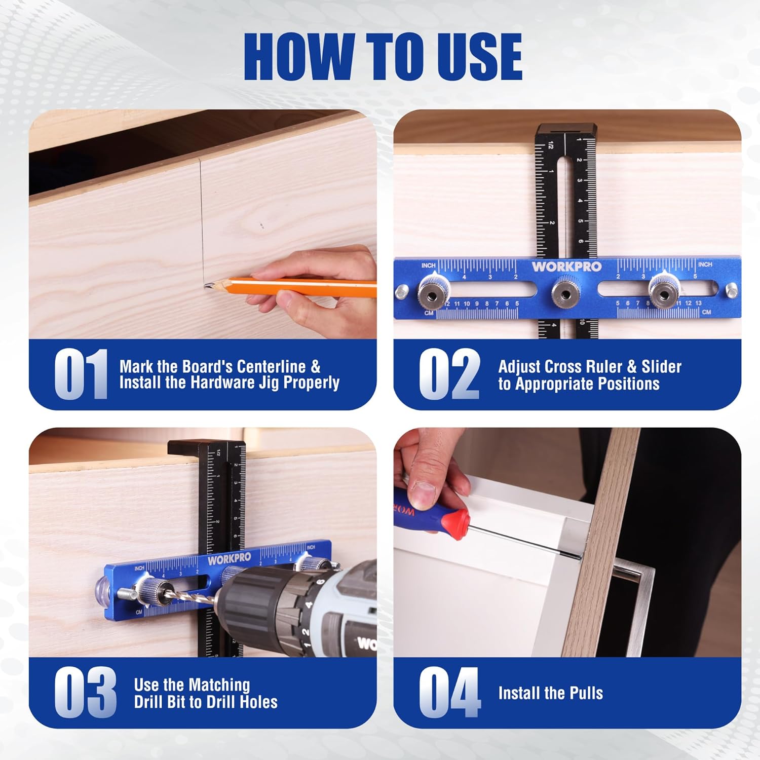 Cabinet hardware jig used to mark and drill drawer hardware holes