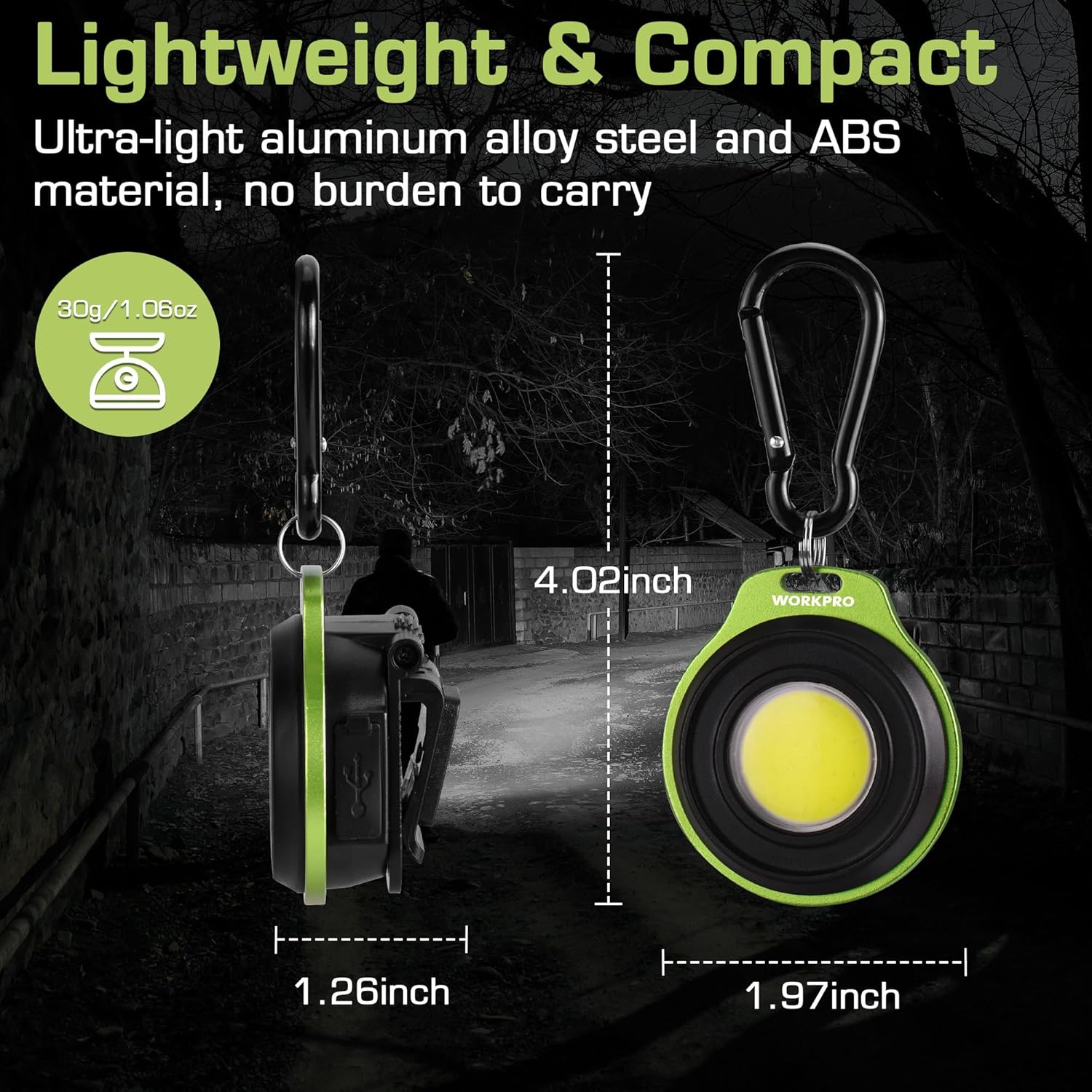 Compact green and black COB keychain flashlight with metal carabiner loop