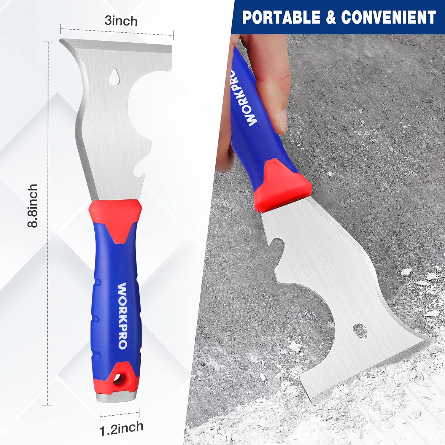 WORKPRO paint scraper with red and blue grip and wide stainless steel blade