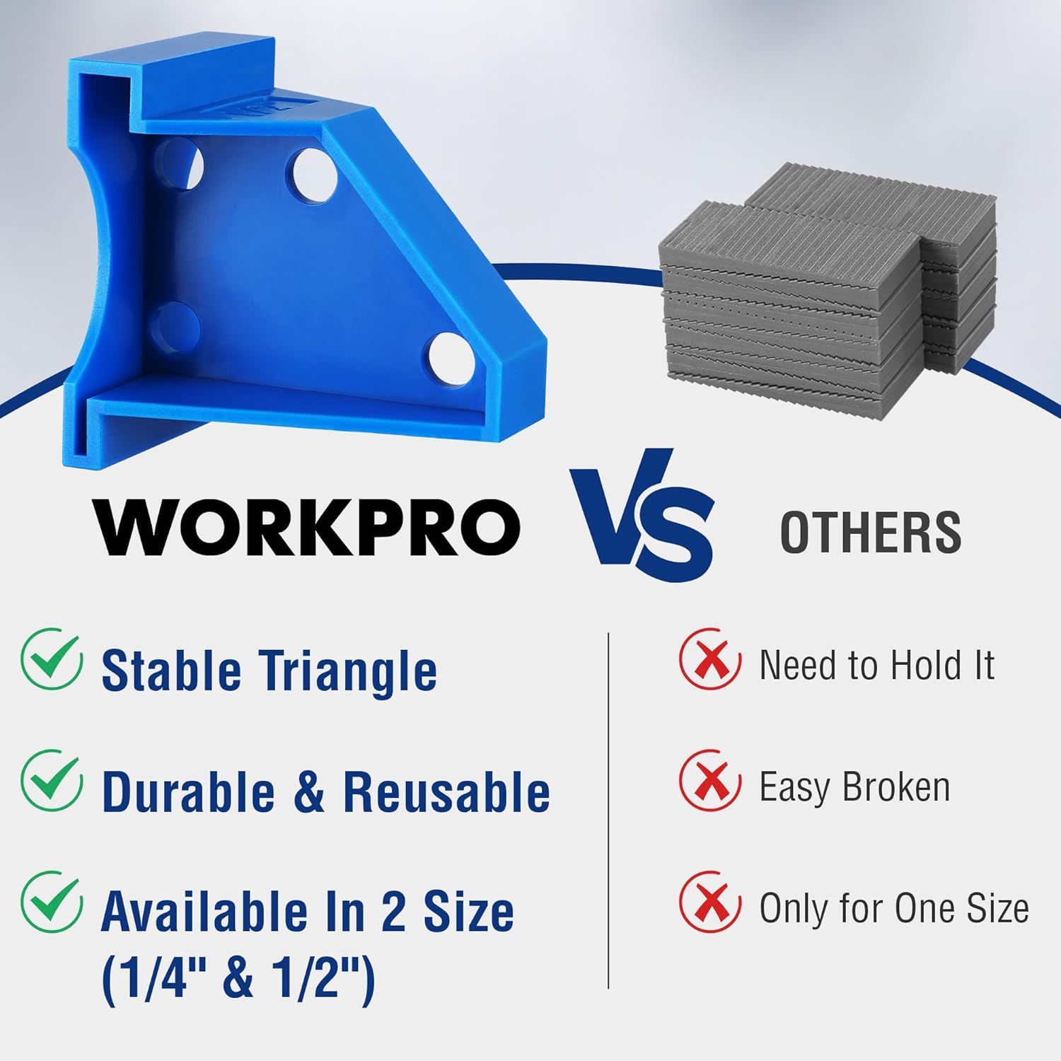 Blue triangular floor spacer tool with circular fit holes and flat base tabs