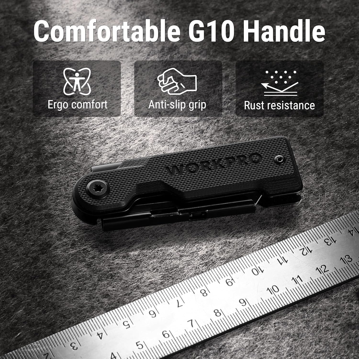 Black folding utility knife with textured handle and exposed blade, compact EDC design.