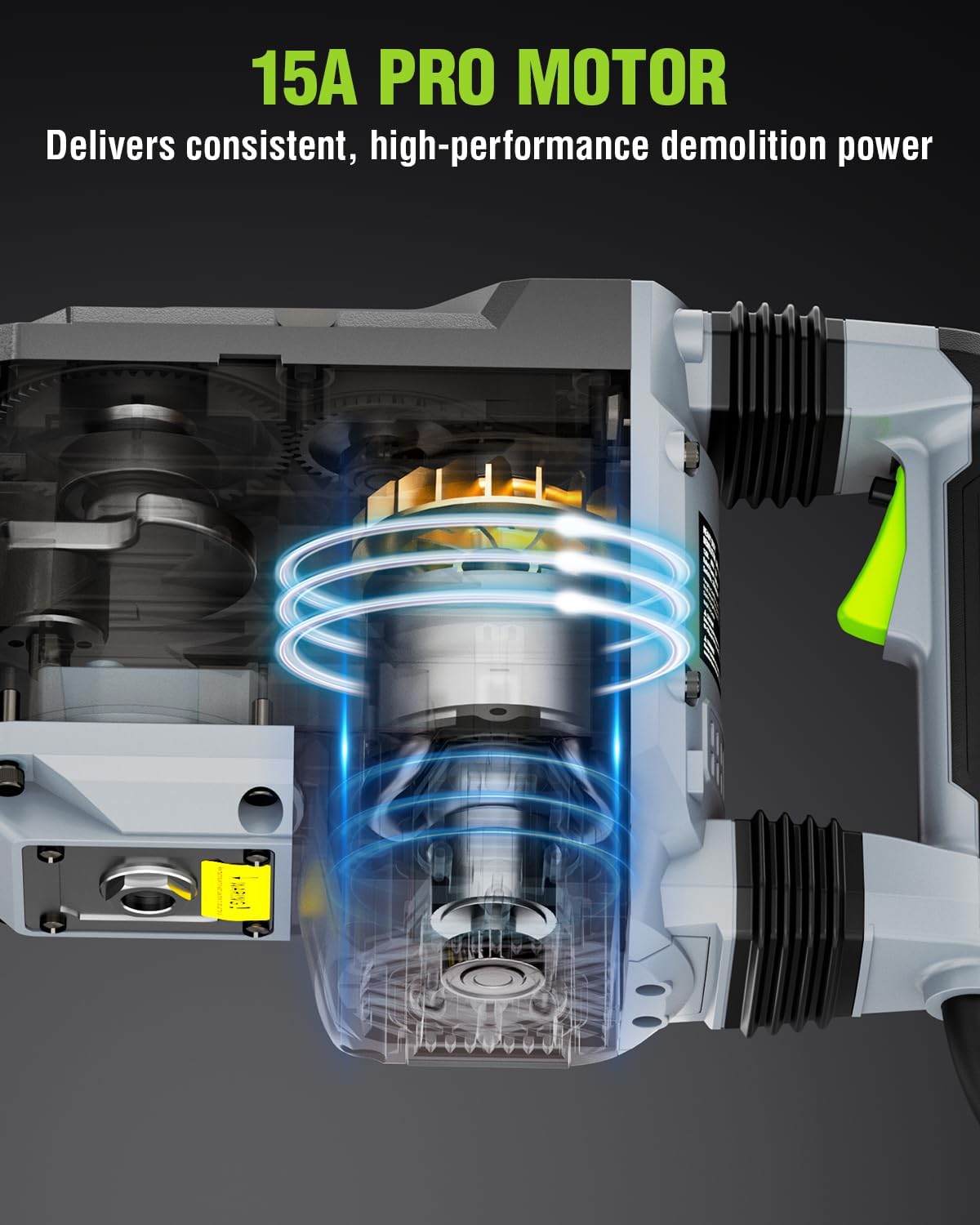 Electric demolition jackhammer internal motor cutaway illustration