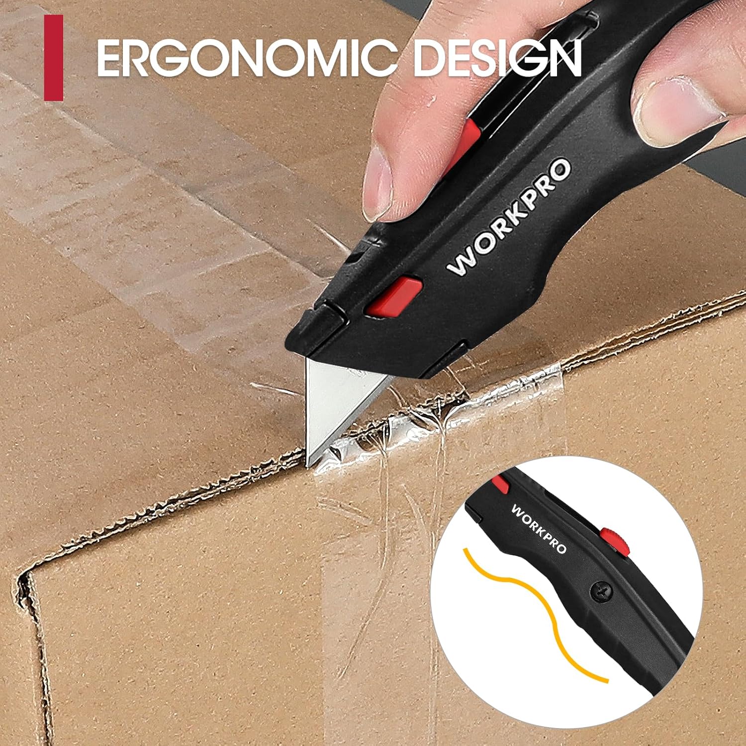 Black retractable box cutter with red slider and blade extended for cutting cardboard