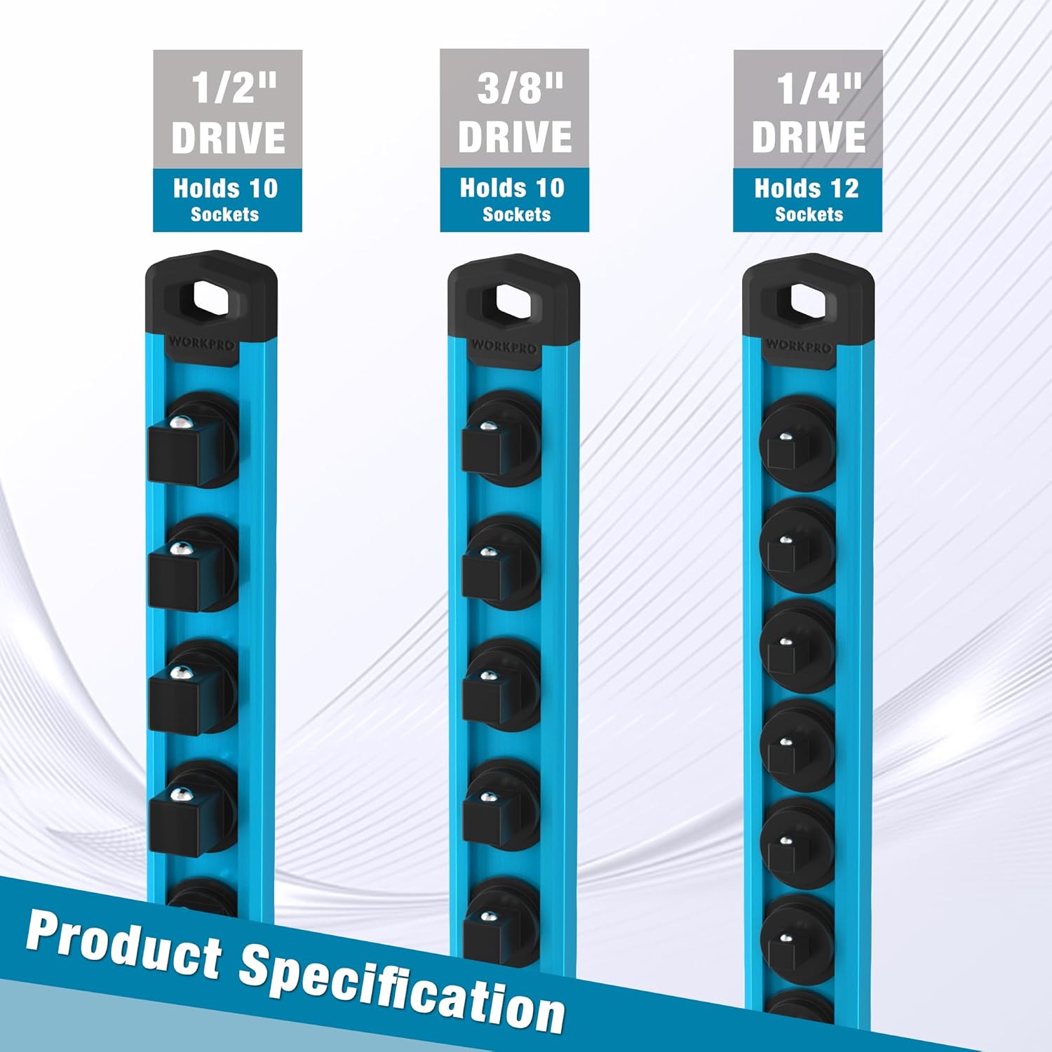 Sky blue magnetic socket organizer rails for 1/2 in, 3/8 in, and 1/4 in drive clips