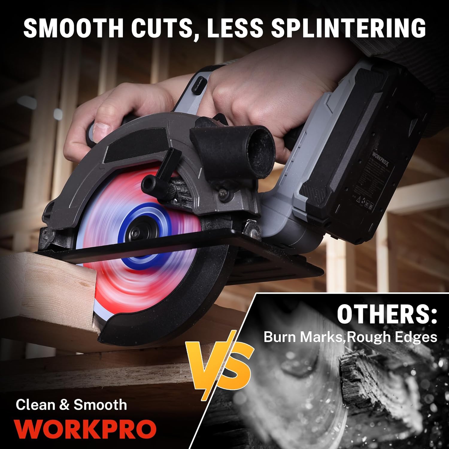 WORKPRO circular saw blade cutting on wood, 40T carbide teeth, smooth finish