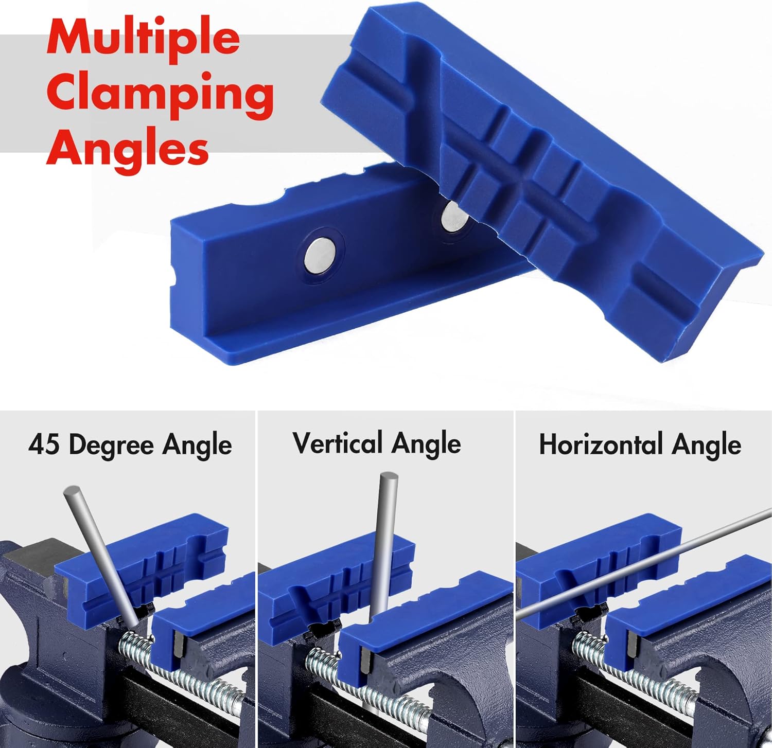 Blue multi-groove vise jaw pads showing different clamping angle shapes