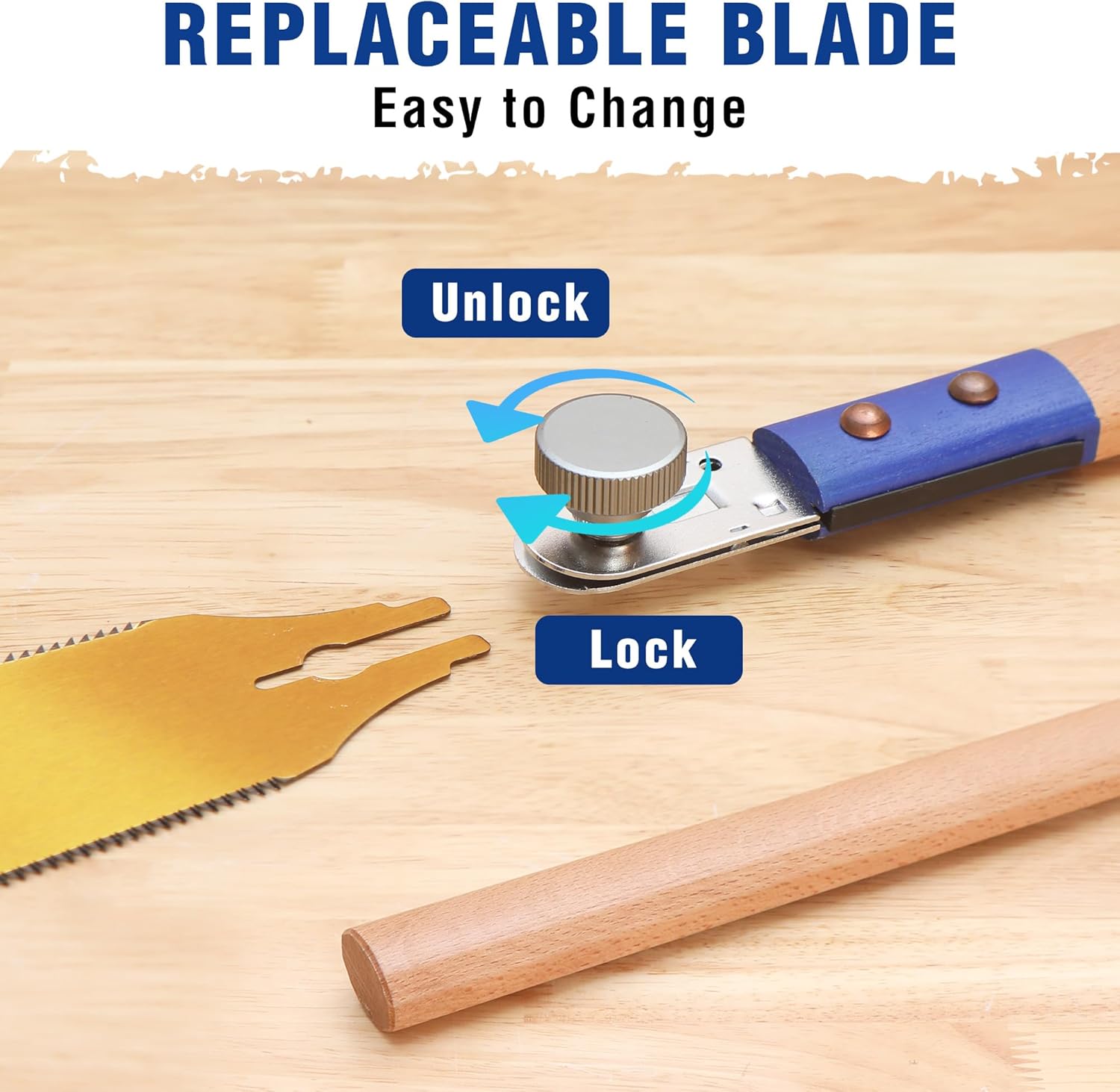 Replaceable pull-saw blade with lock/unlock knob and blue beech handle