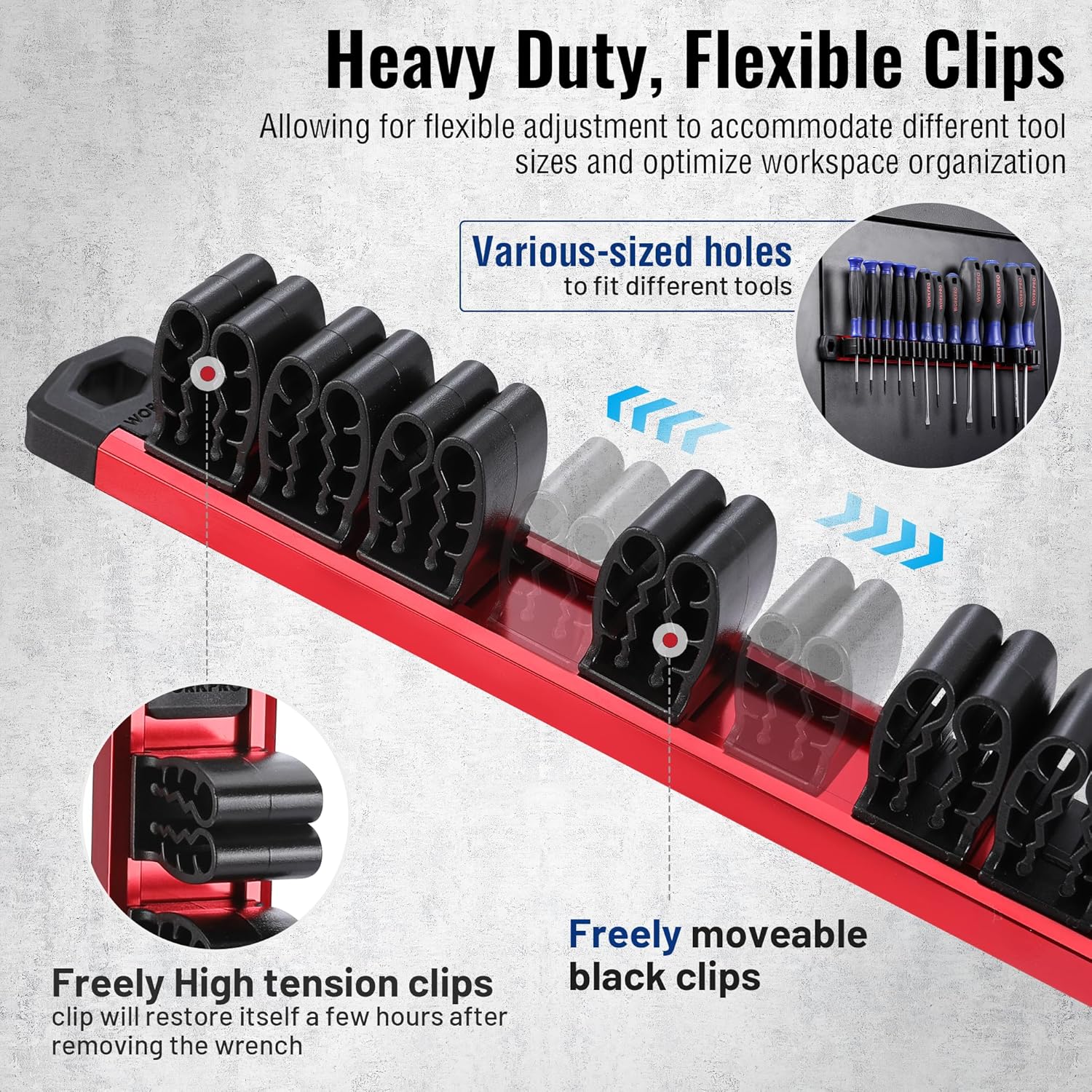 Red magnetic tool holder rail with black tension clips and various hole sizes for tools.
