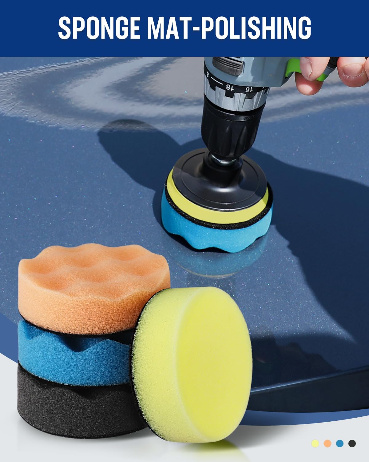 Foam polishing pads on drill buffer for polishing vehicle paint