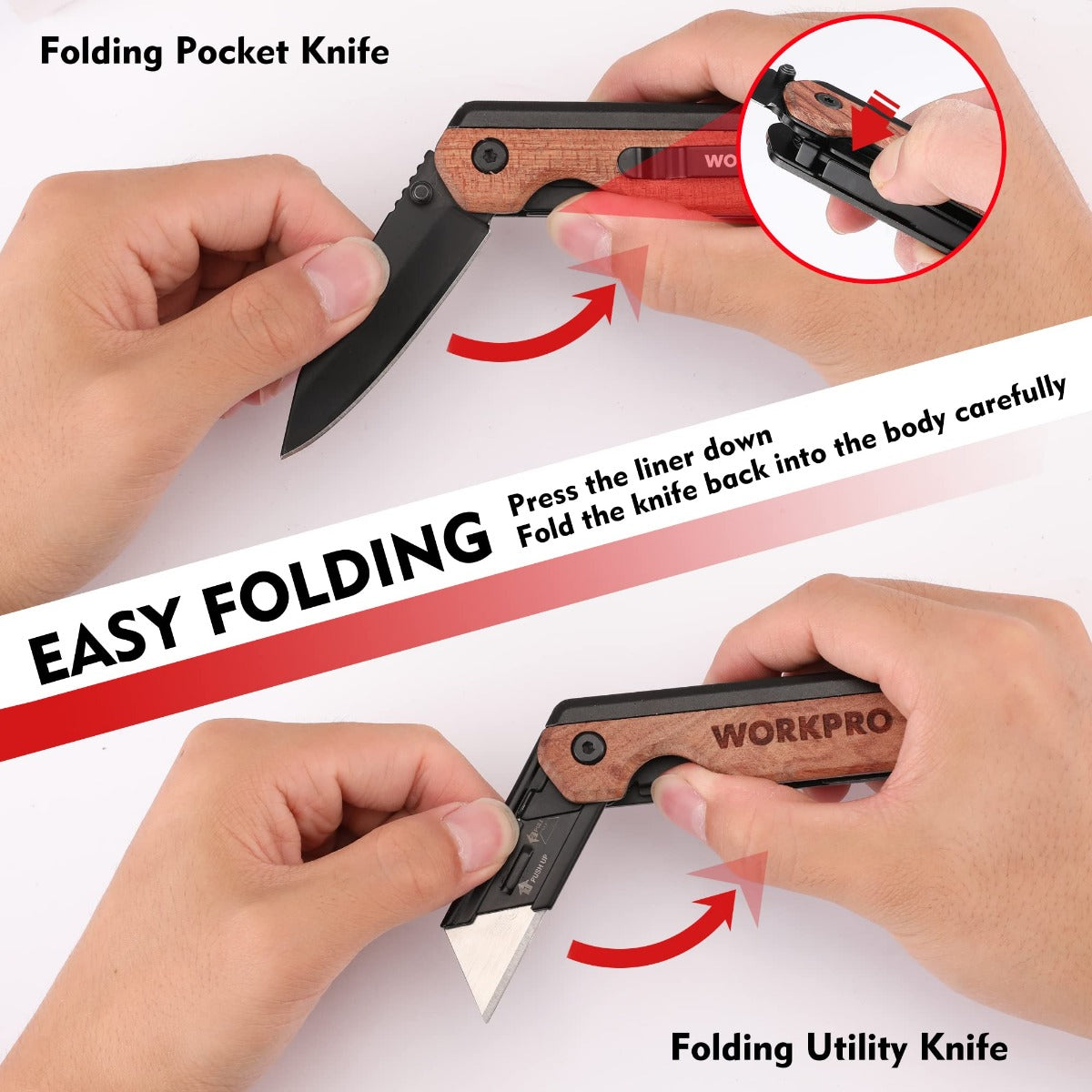 Folding utility knife showing push-pull blade folding, wood handle with liner lock