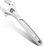 8-inch adjustable wrench with inch/metric scale, chrome-plated CR-V steel, silver.