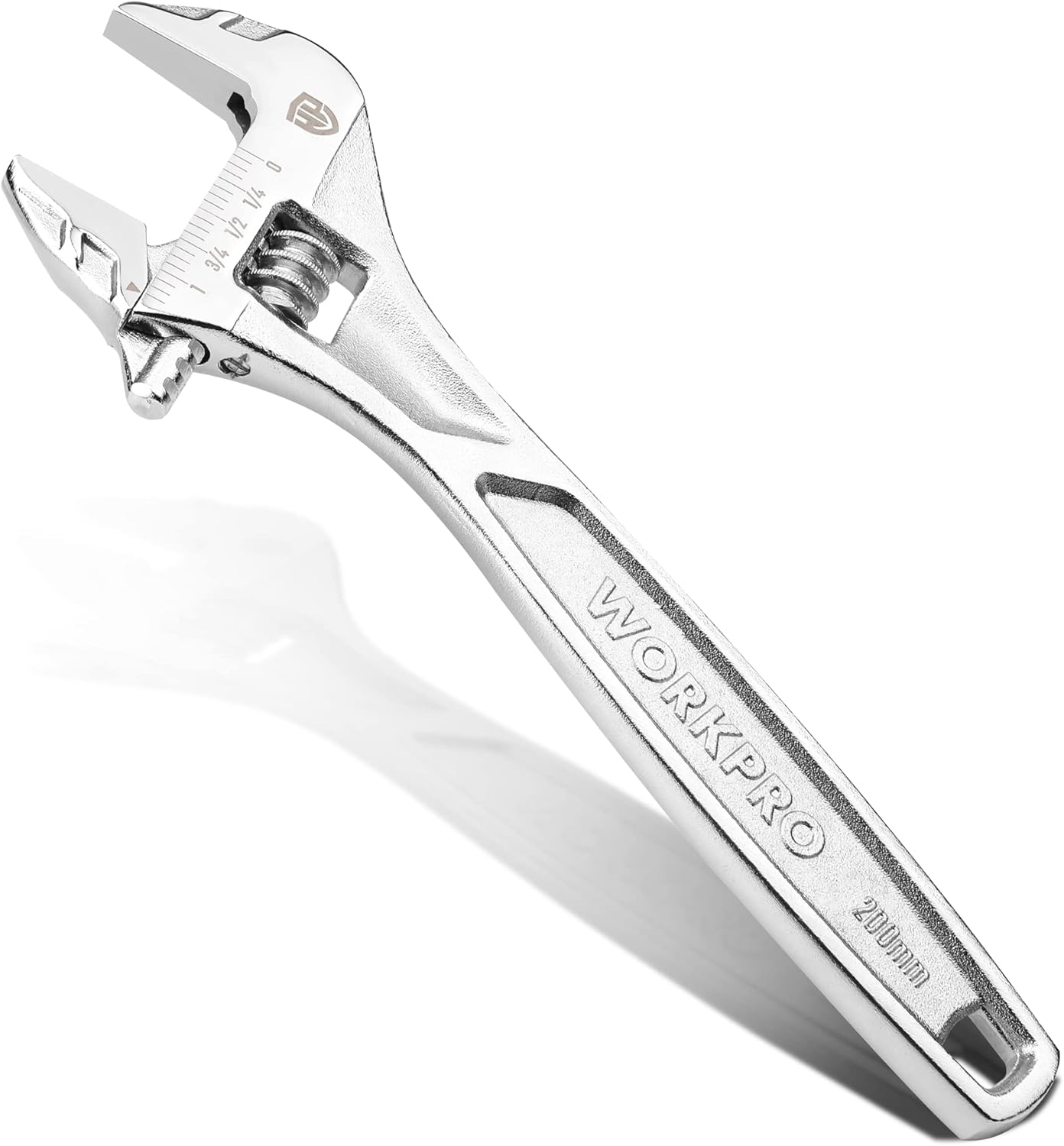8-inch adjustable wrench with inch/metric scale, chrome-plated CR-V steel, silver.