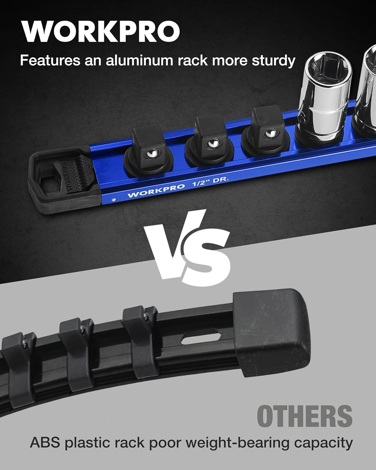 Aluminum socket rack with blue base and three black socket clips on top