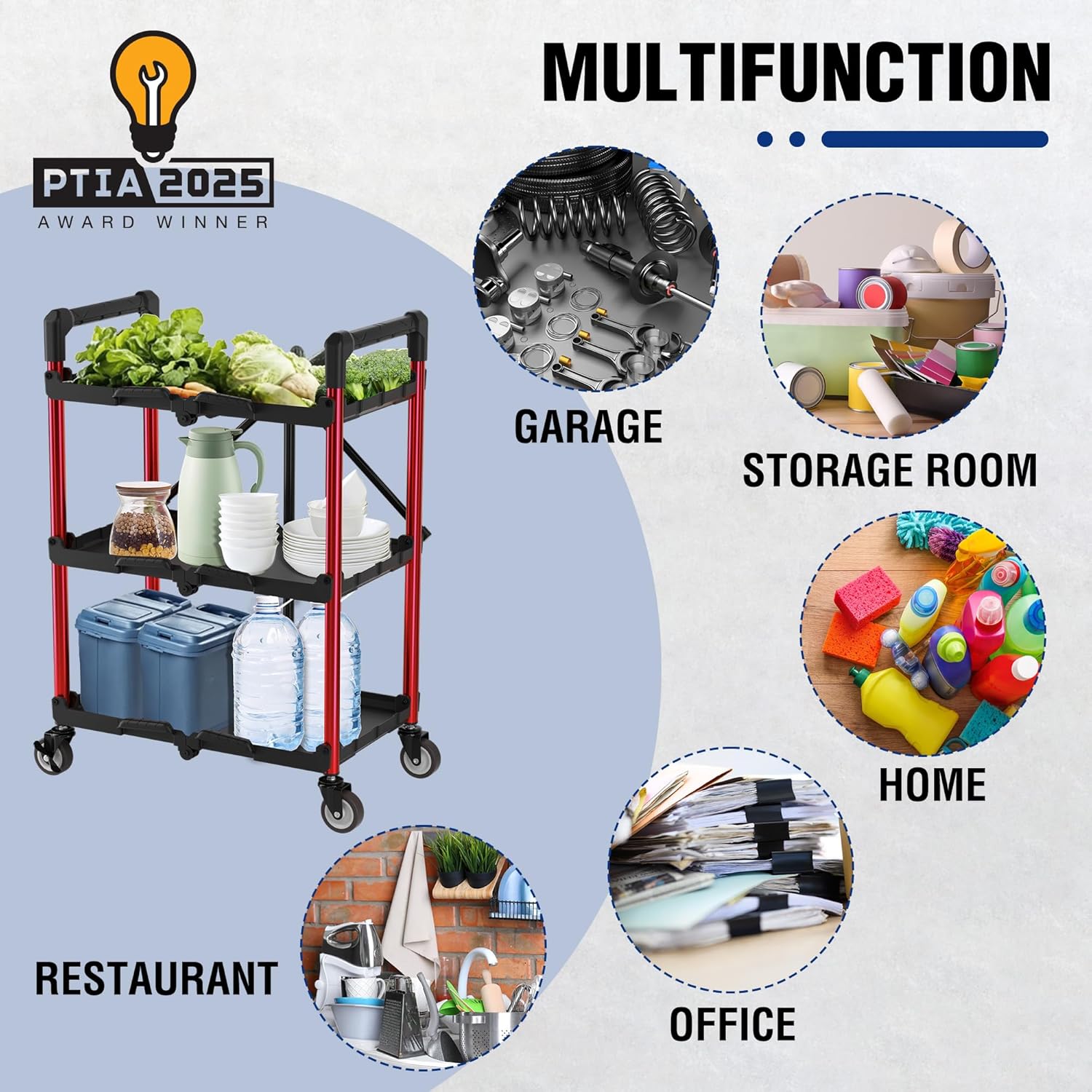 Three-tier rolling cart with black top and shelves, red frame, loading in garage, home, office uses.