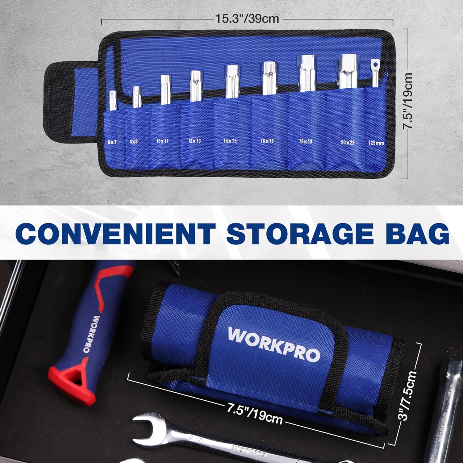 Blue storage bag with black trim holding multiple chrome socket wrench pieces.