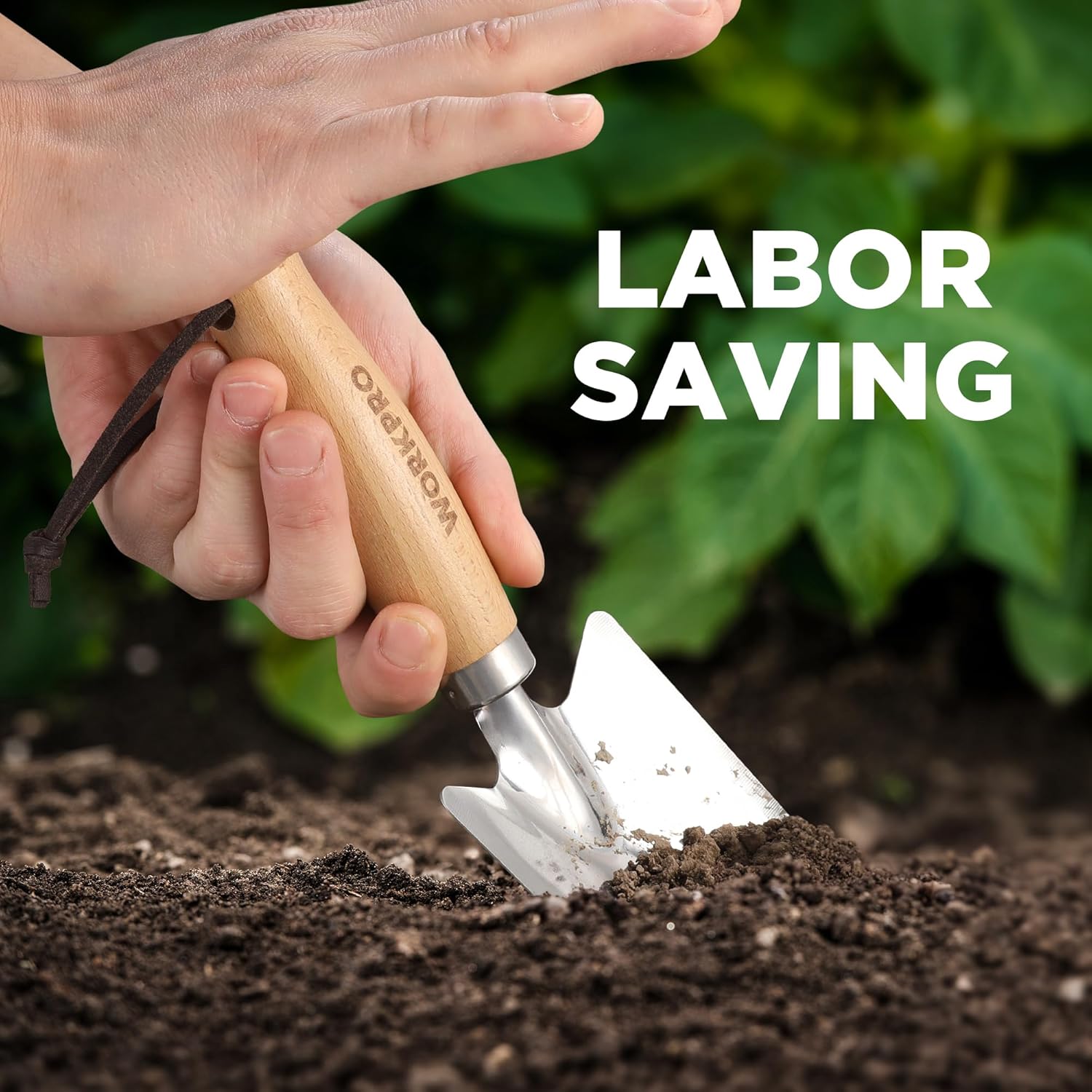 Labor-saving garden trowel held in hand, stainless steel blade with wooden handle