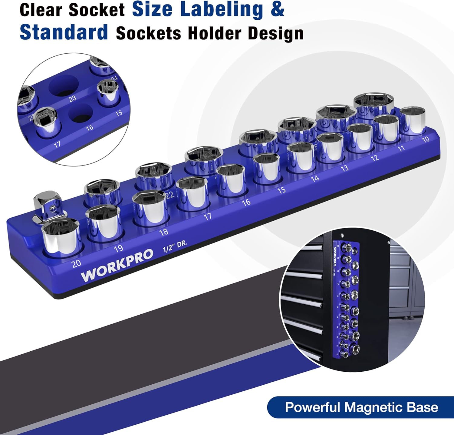 Blue magnetic socket organizer tray with clear socket size markings, 19 metric holders