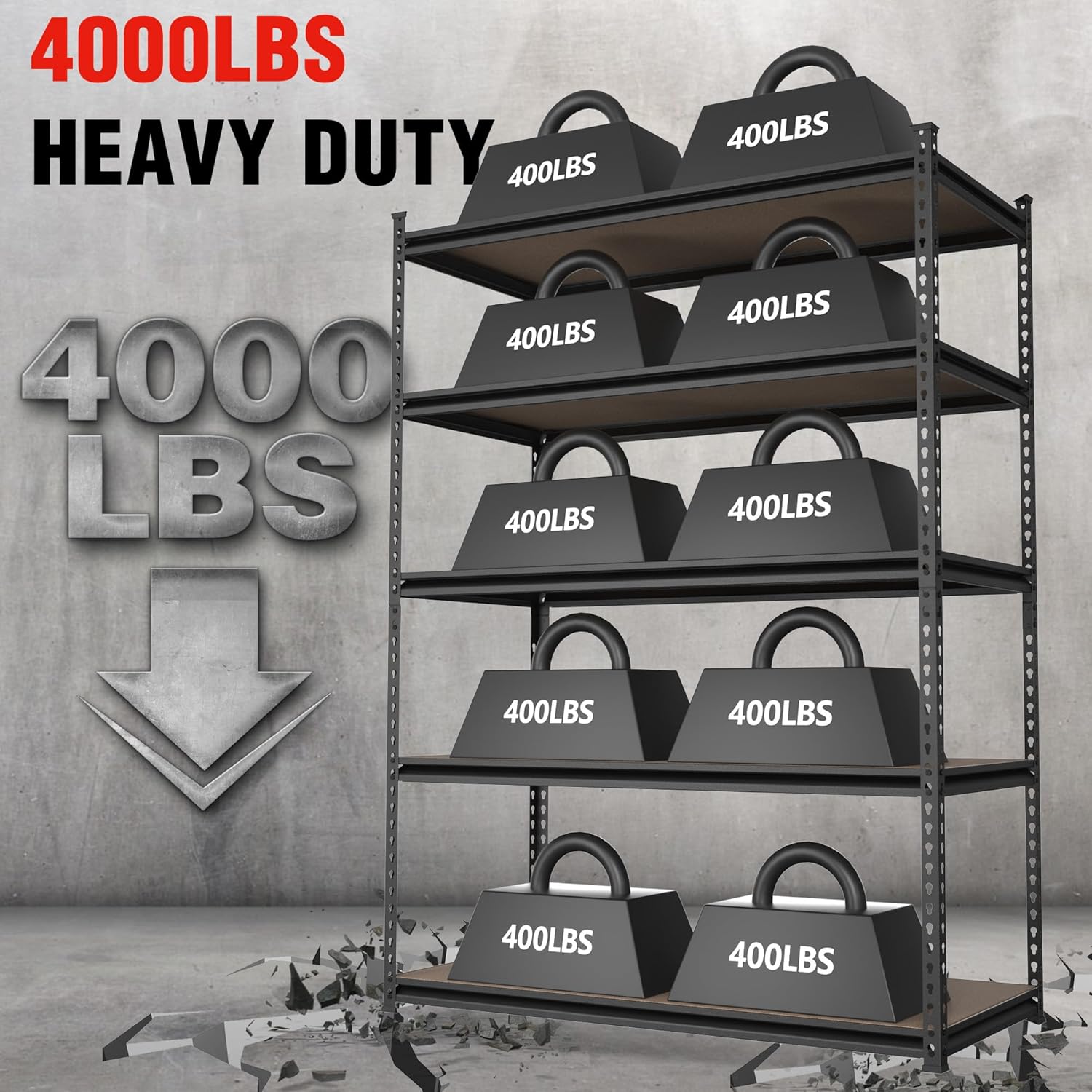 Heavy-duty 5-tier steel shelving rack with particle board shelves and handle-like supports