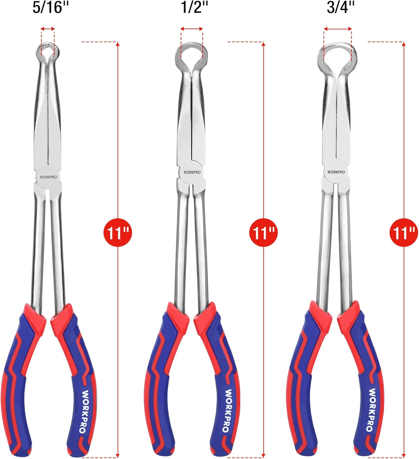 Three hose gripper pliers sizes, long-reach jaws: 5/16 in, 1/2 in, 3/4 in