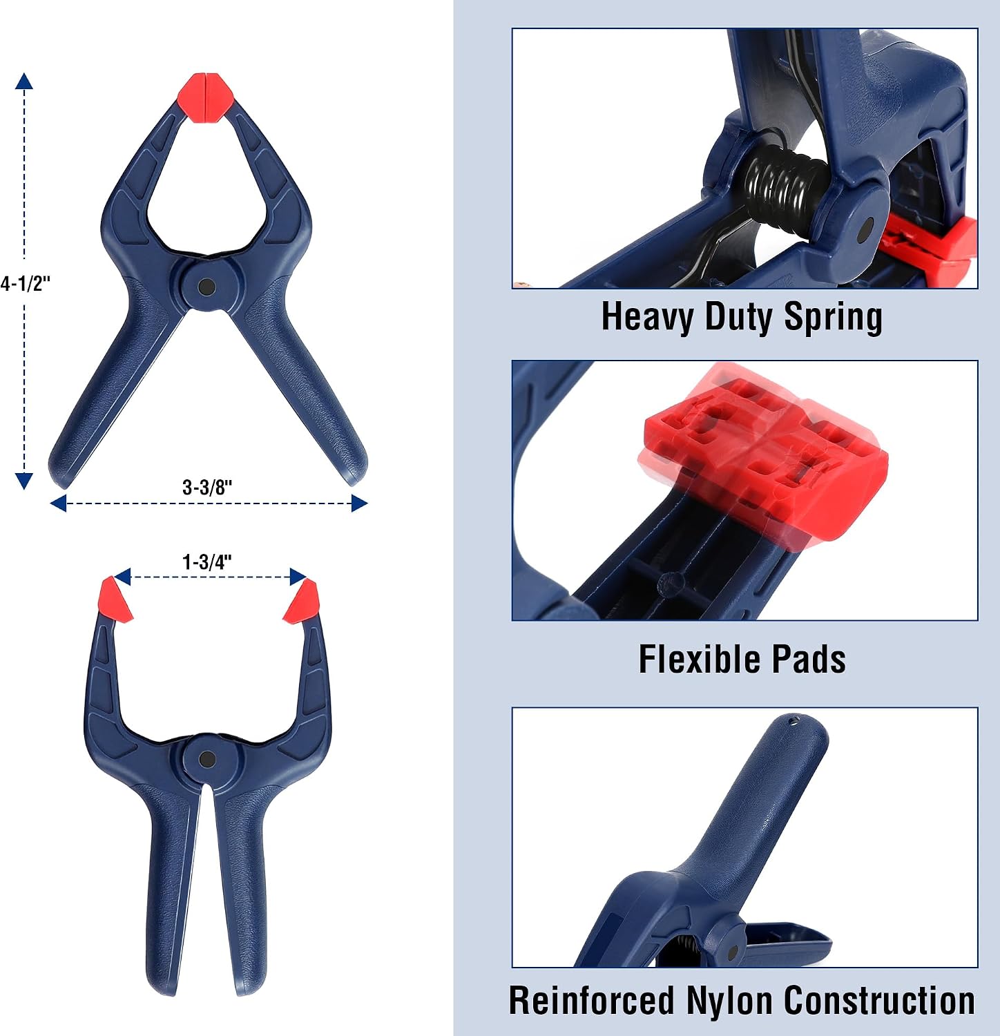 4-1/2-inch spring clamp with reinforced nylon body, flexible pads, red adjustment caps