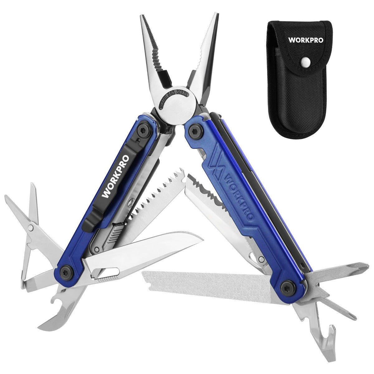 18-in-1 multi tool pliers, blue with black sheath, open tools and serrated blade