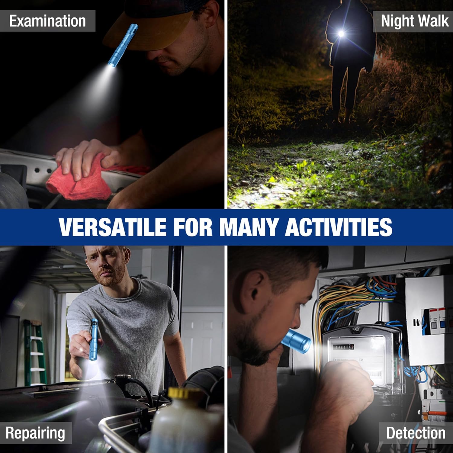 Blue rechargeable pen light shining a focused beam for night visibility.