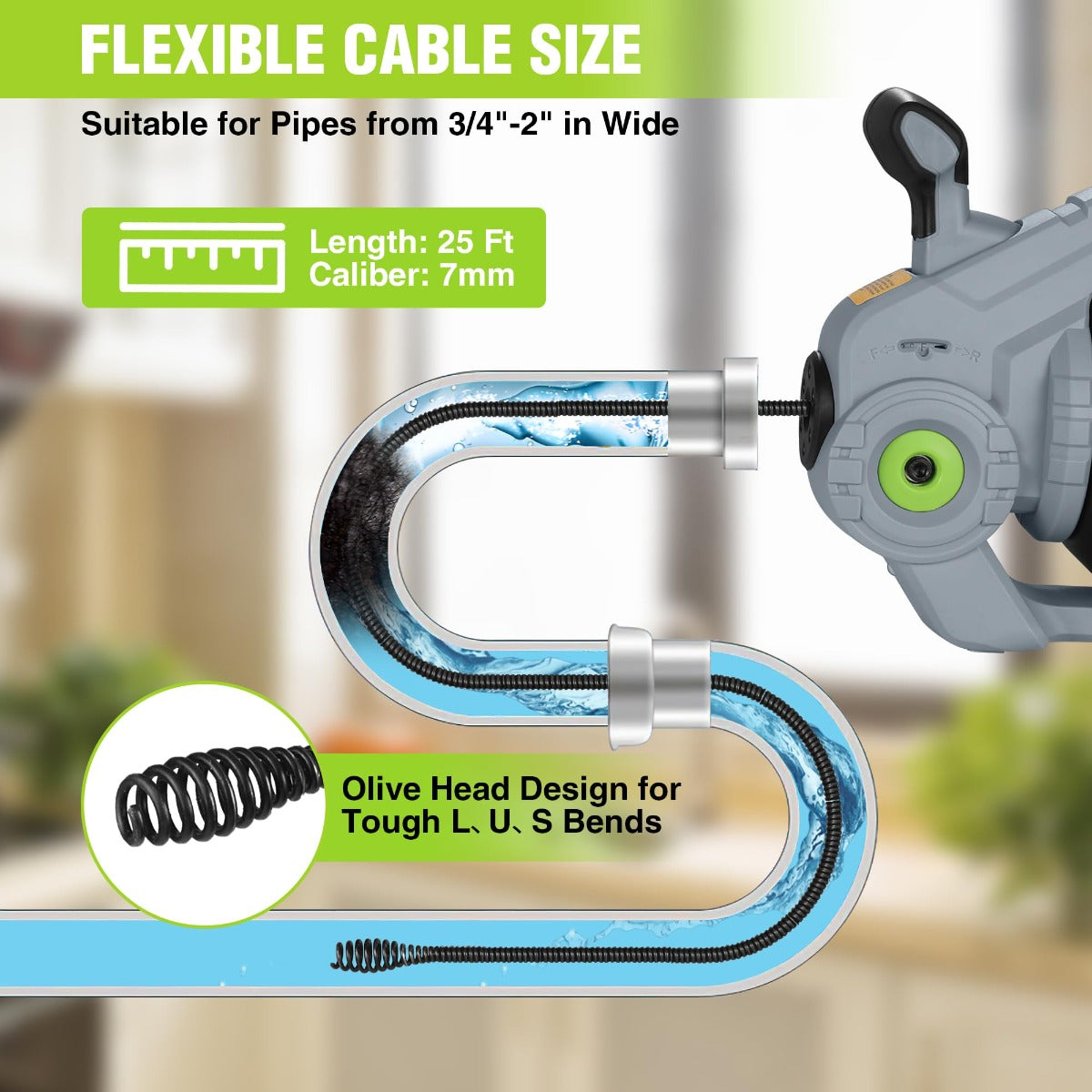 Electric drain auger with 25 ft flexible cable, suitable for 3/4 in to 2 in pipes