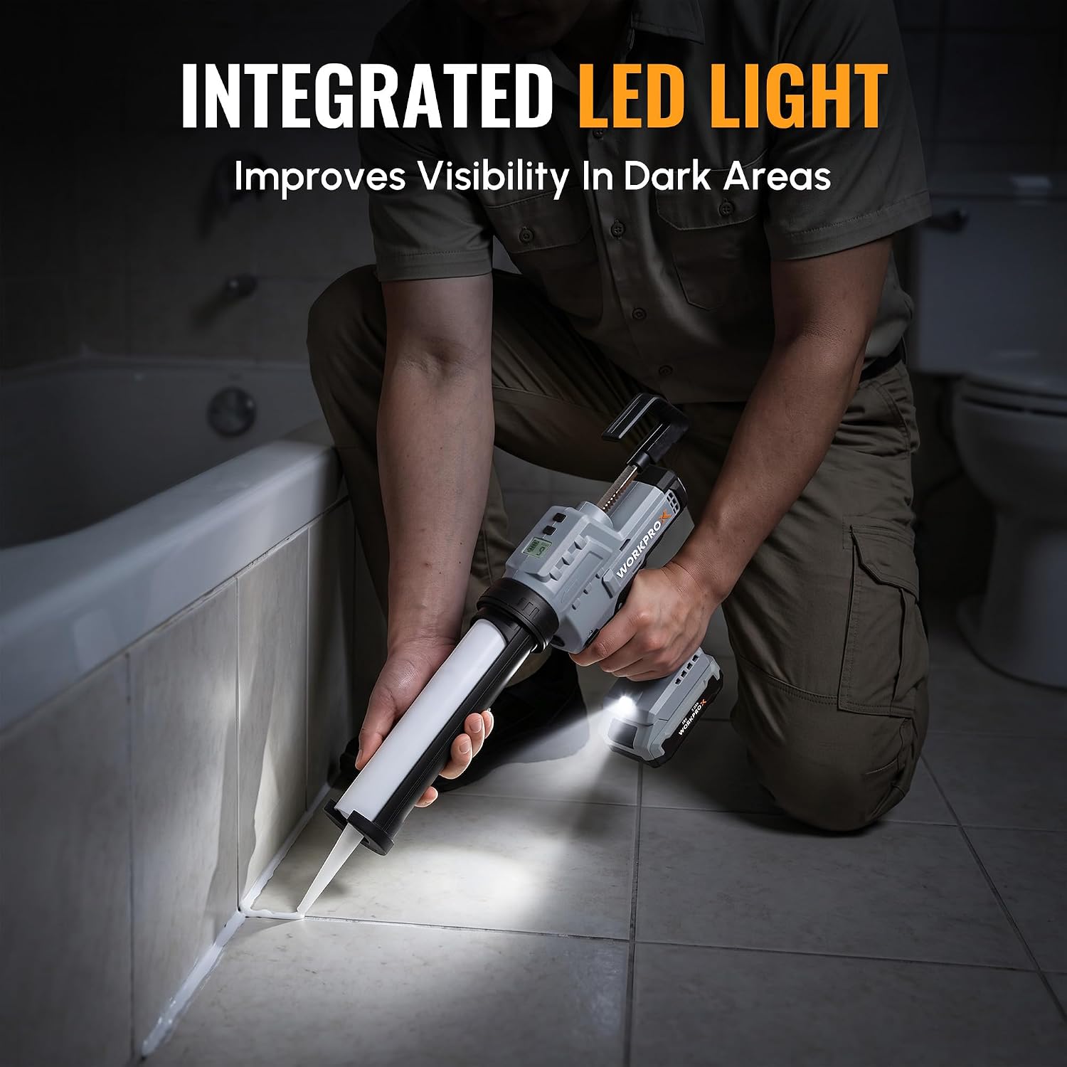 Cordless caulking gun with integrated LED light illuminating the dispensing area