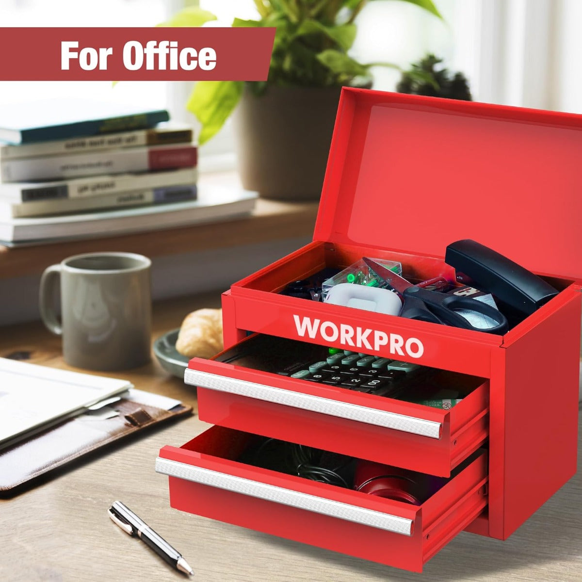 WORKPRO Mini Metal Tool Box with 2 Drawers and Top Storage - Gifts for