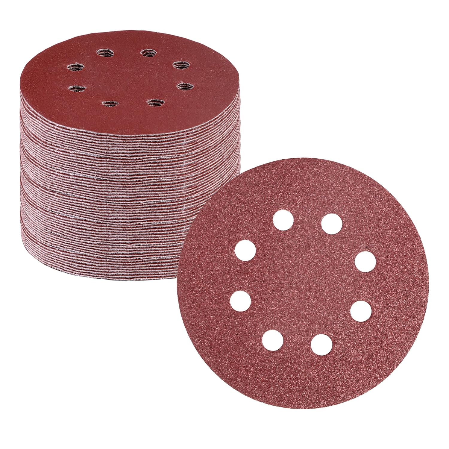Red 5-inch hook-and-loop sanding discs, stacked, with 8 dust holes