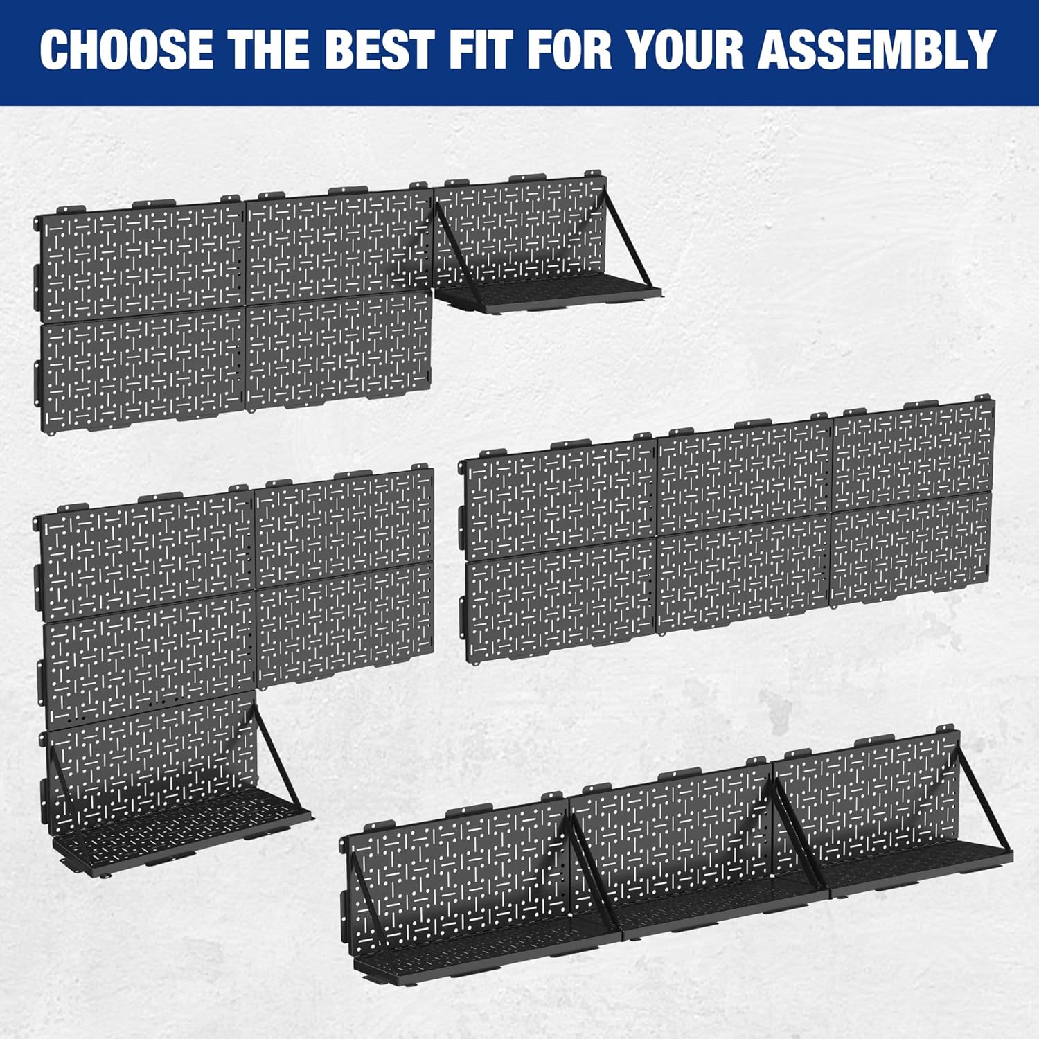 Foldable black metal pegboard set with hinged sections and a grid of round holes